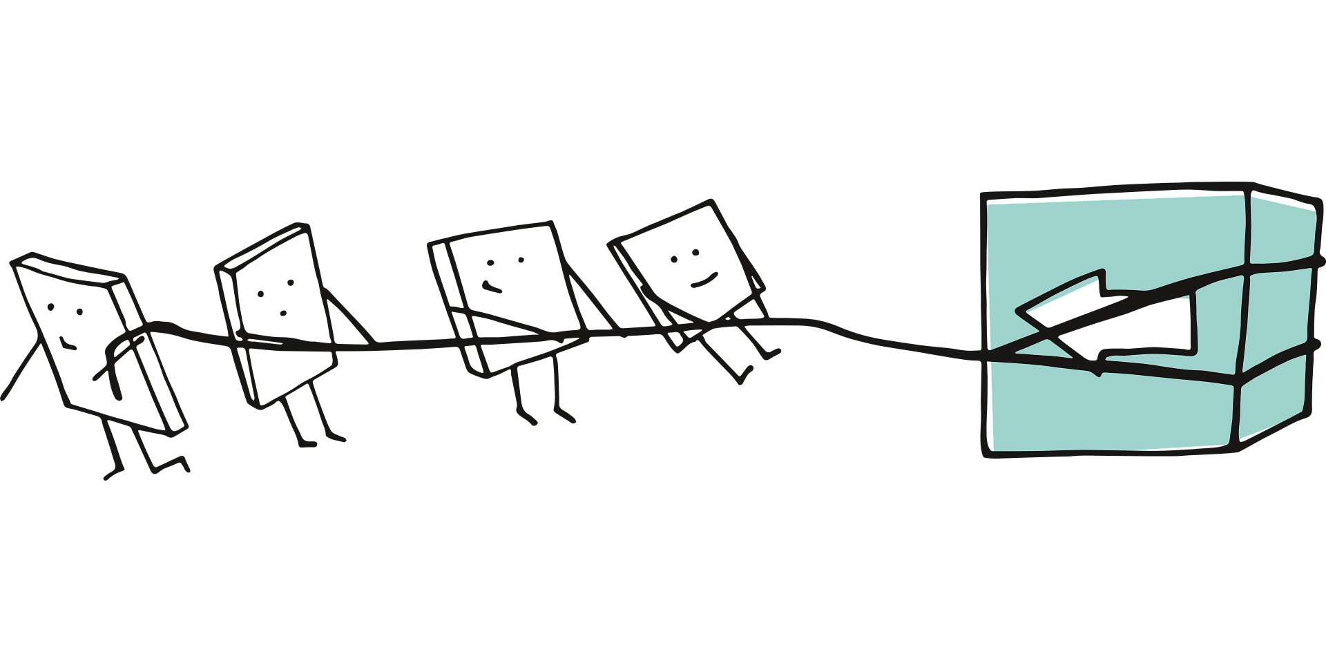 Playful image of cartoon characters dragging a box