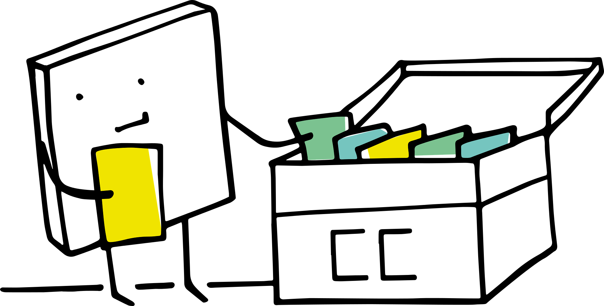 A playful cartoon character filing prompts in an archive box