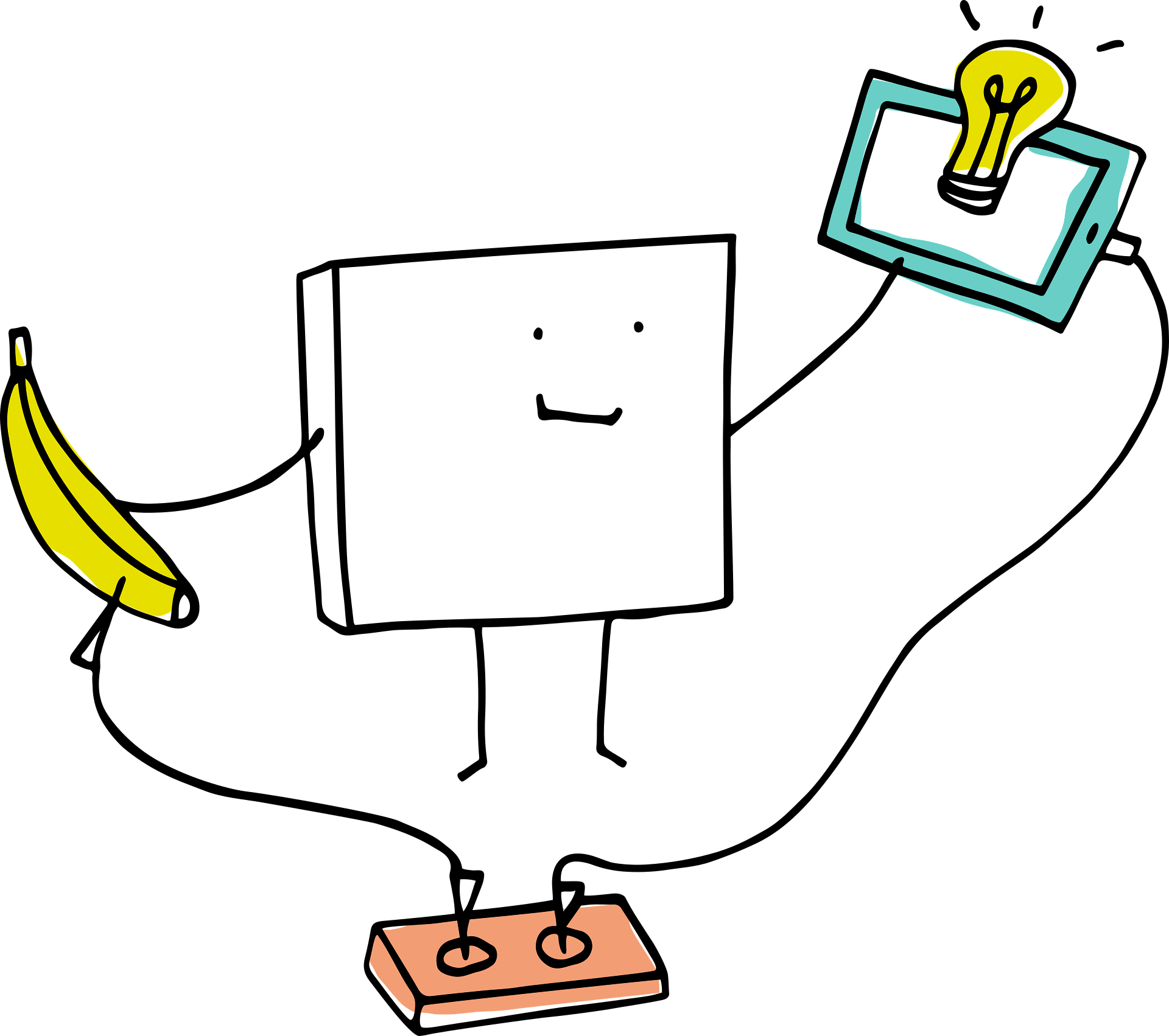 Playful cartoon using a banana to power a tablet