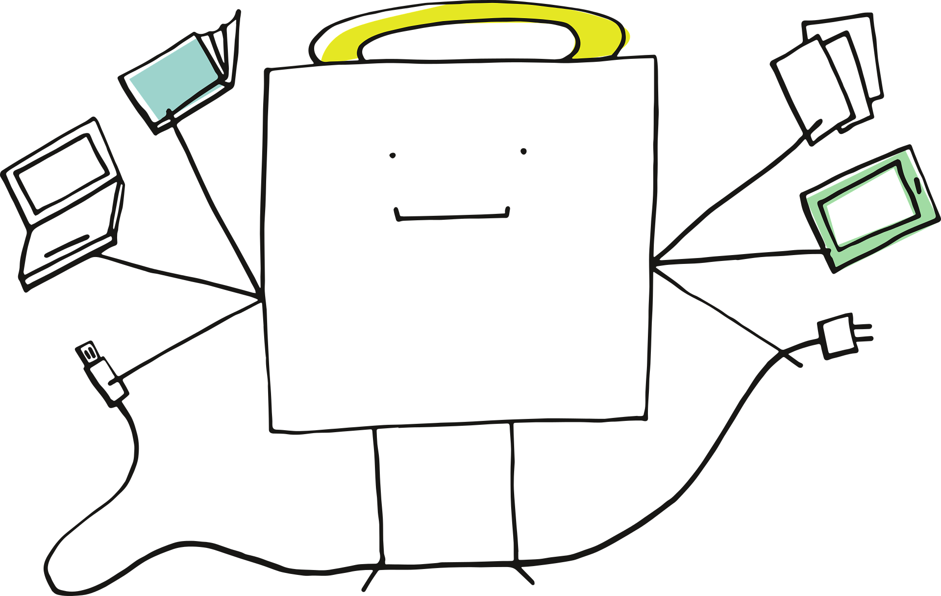 Playful picture of a cartoon holding up different sources of data