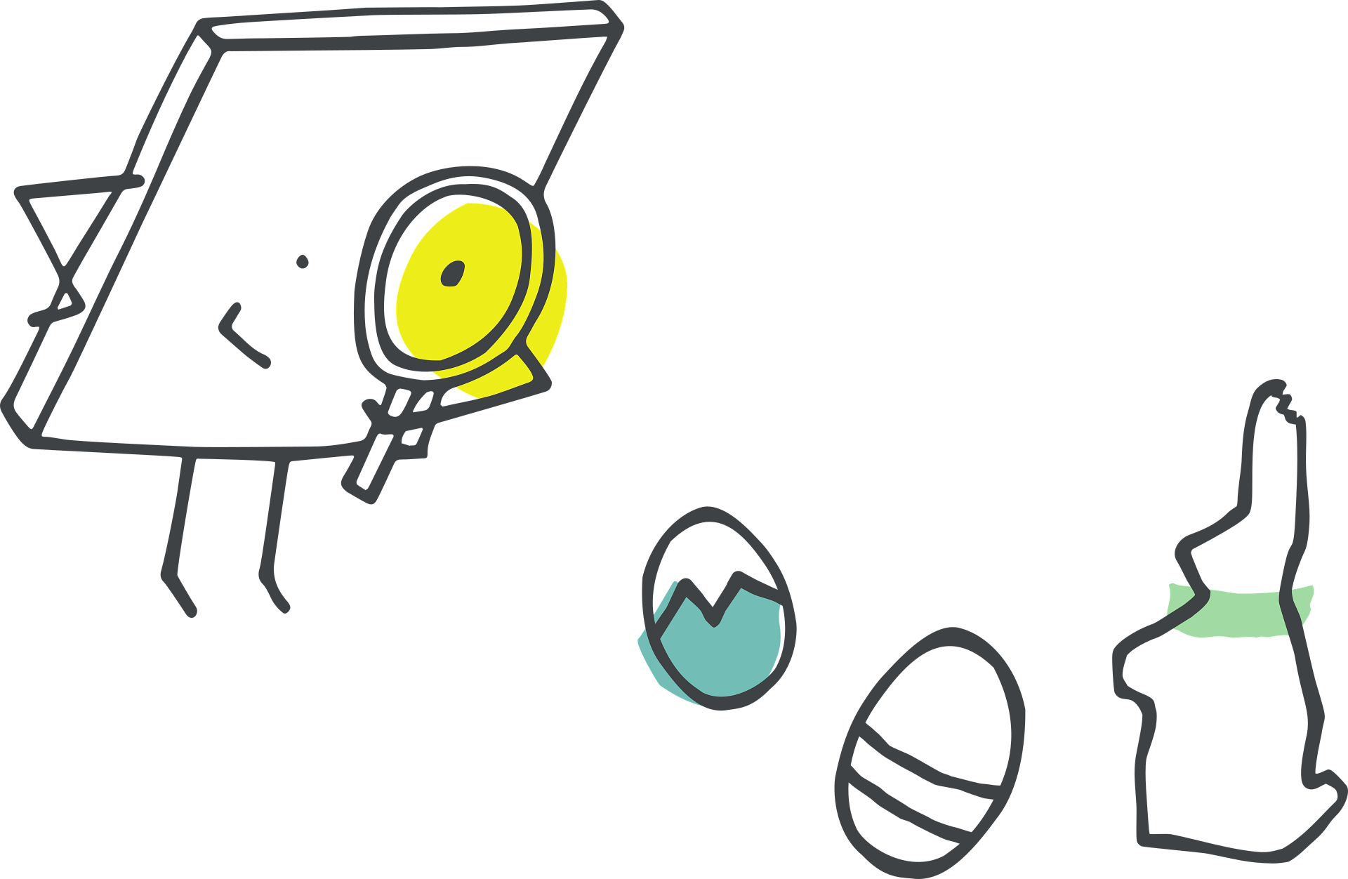 Playful image of a cartoon observing some items