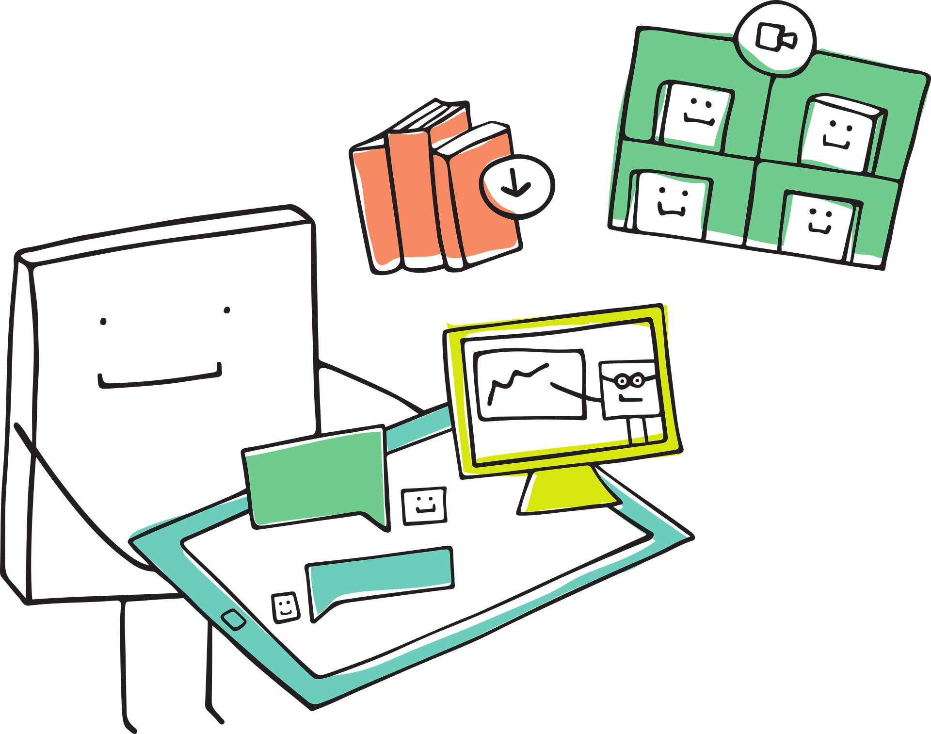 A playful illustration of a book sitting at its desk, learning