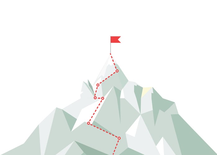 A drawing of a mountain with a path leading to a flag at the top.