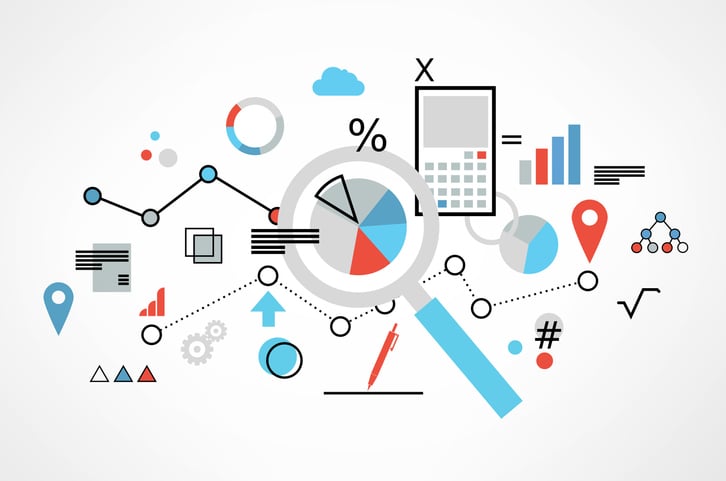 Grapic of a magnifying glass with a bunch of graphics related to analysis.