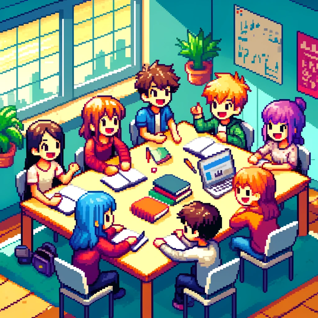 Students talking around a table, with books and pens scattered around.