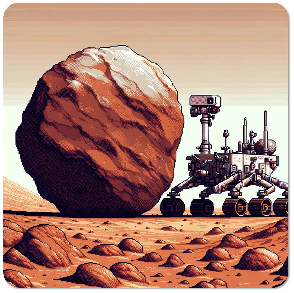 A Mars rover unable to progress because of a huge rock lying immediately in front of it.