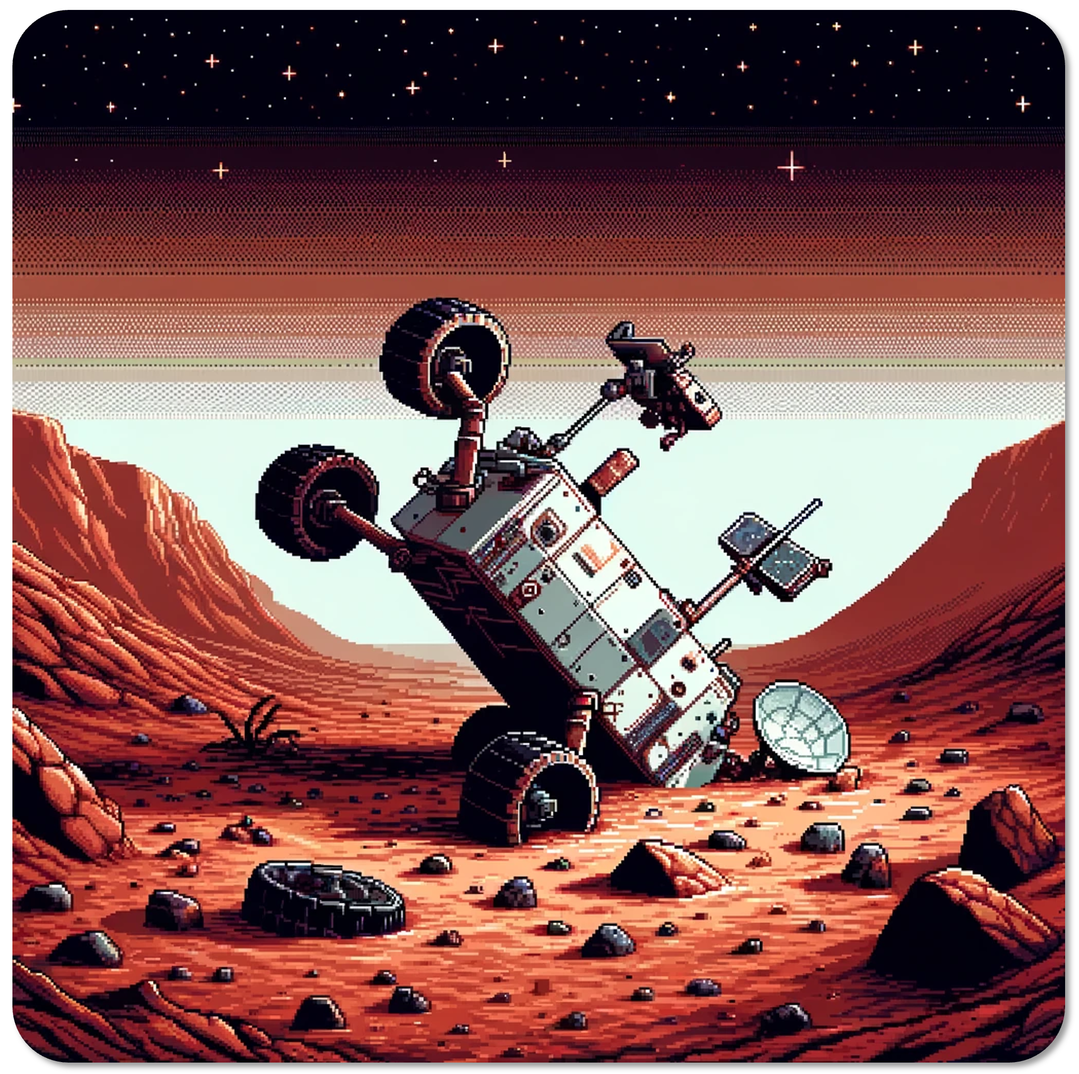 A Mars rover lies broken after experiencing an accident on rough terrain