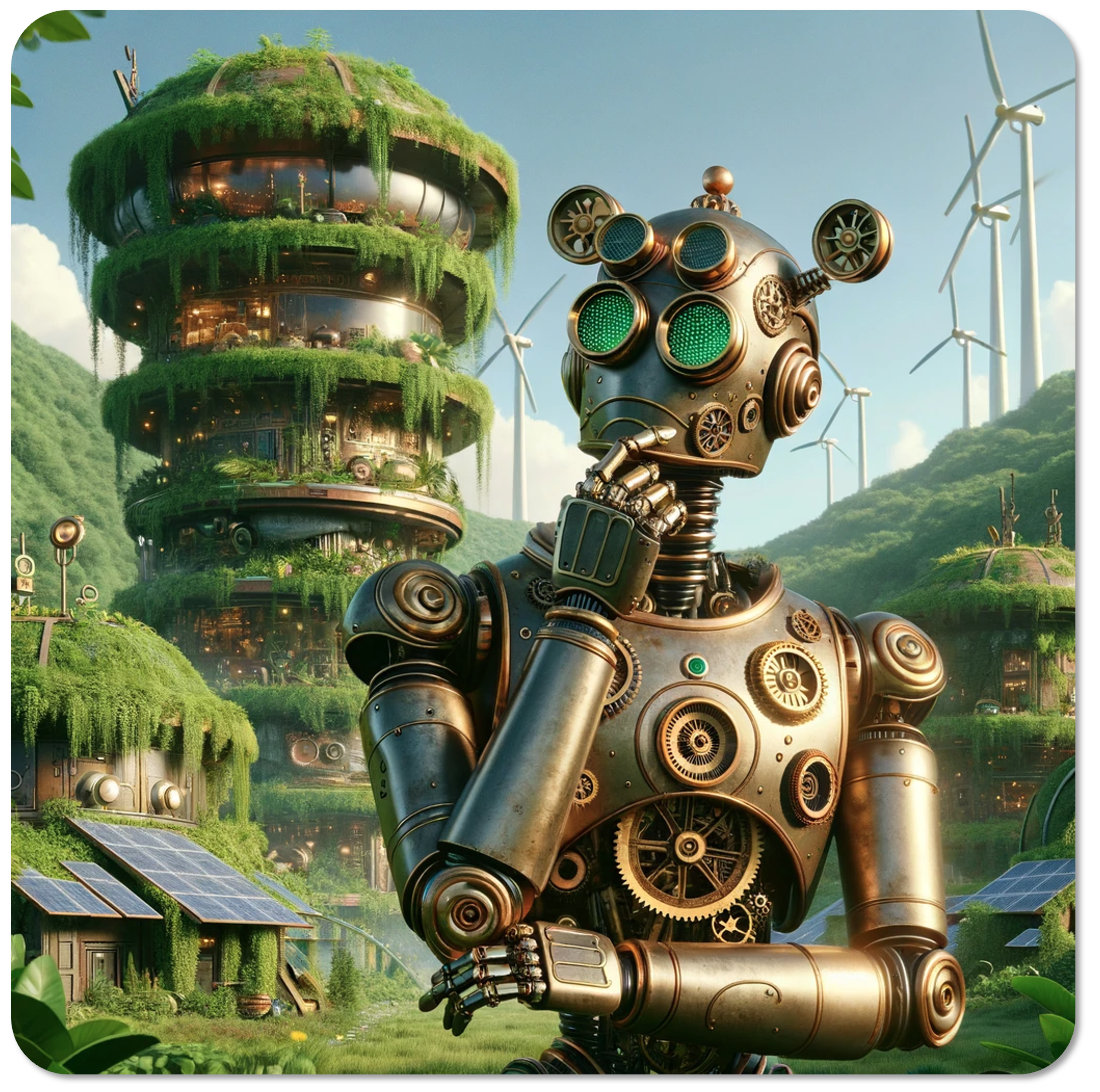 A robot looking thoughtful in a lush futuristic scenery