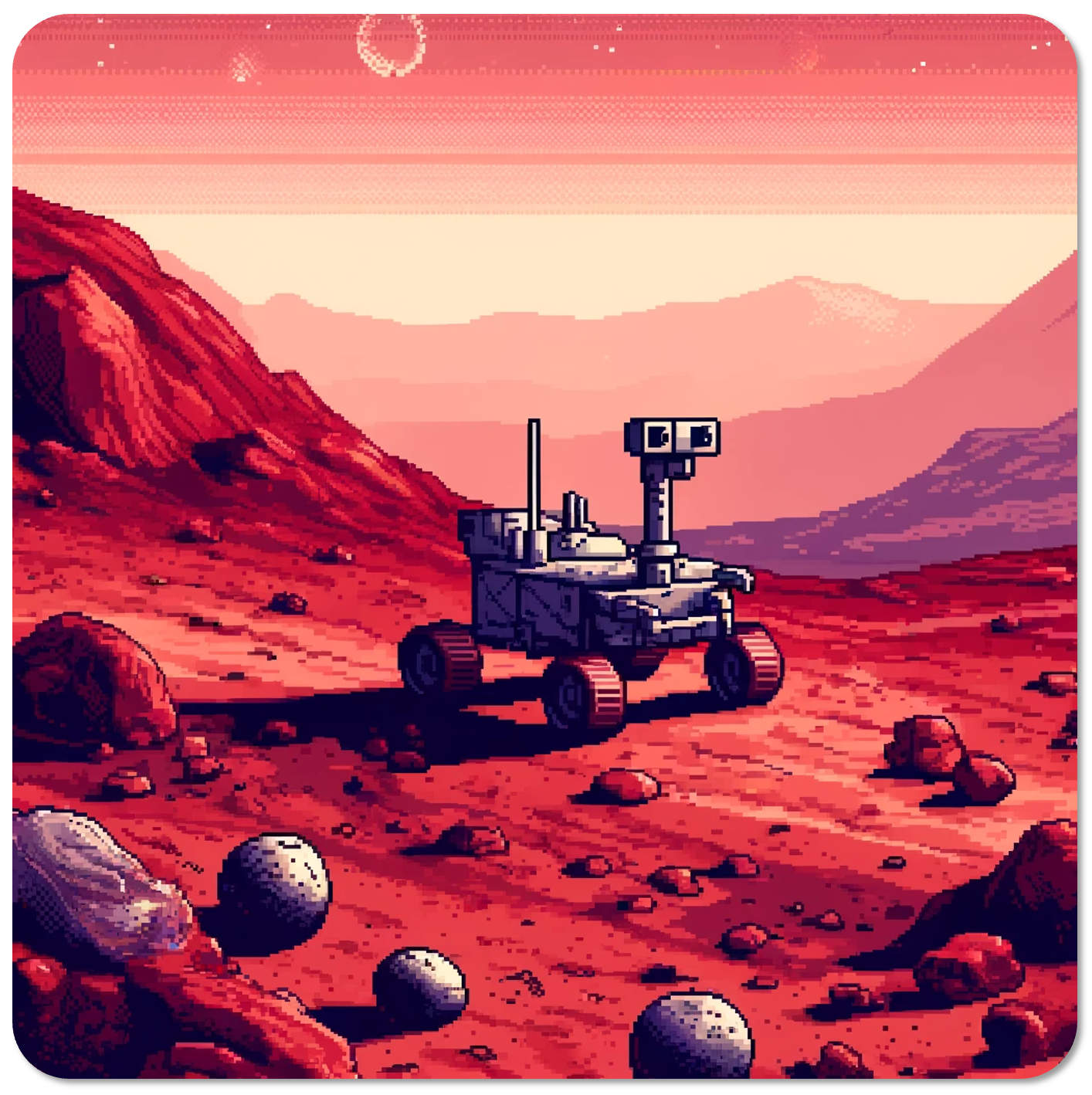 A Mars rover happily exploring the Mars landscape.