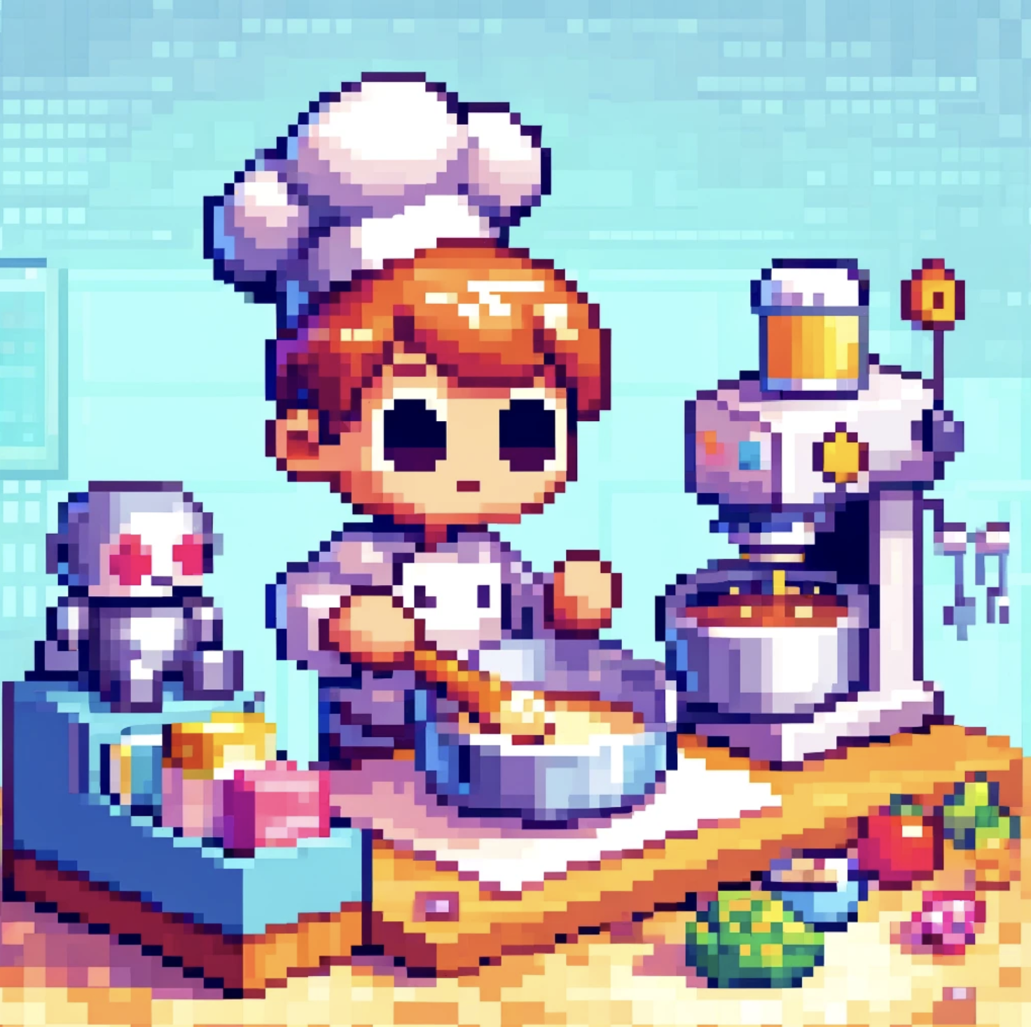 Pixel art illustration of a cook mixing ingredients