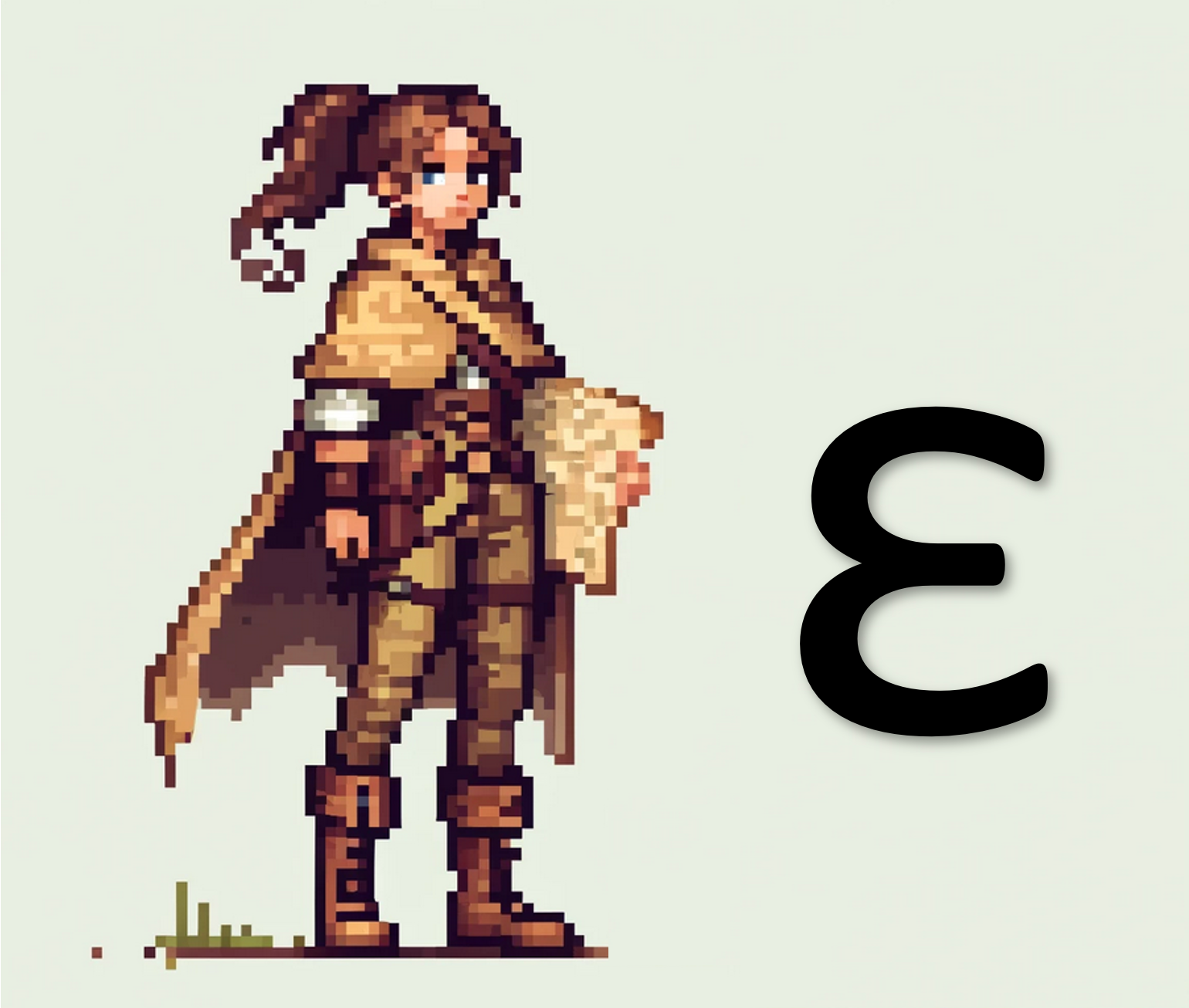 An adventurer stands, the greek letter epsilon at her side