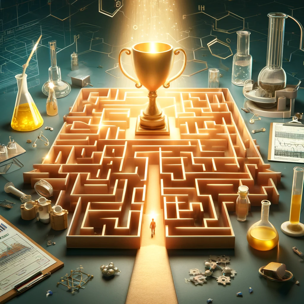 A trophy at the center of a maze.