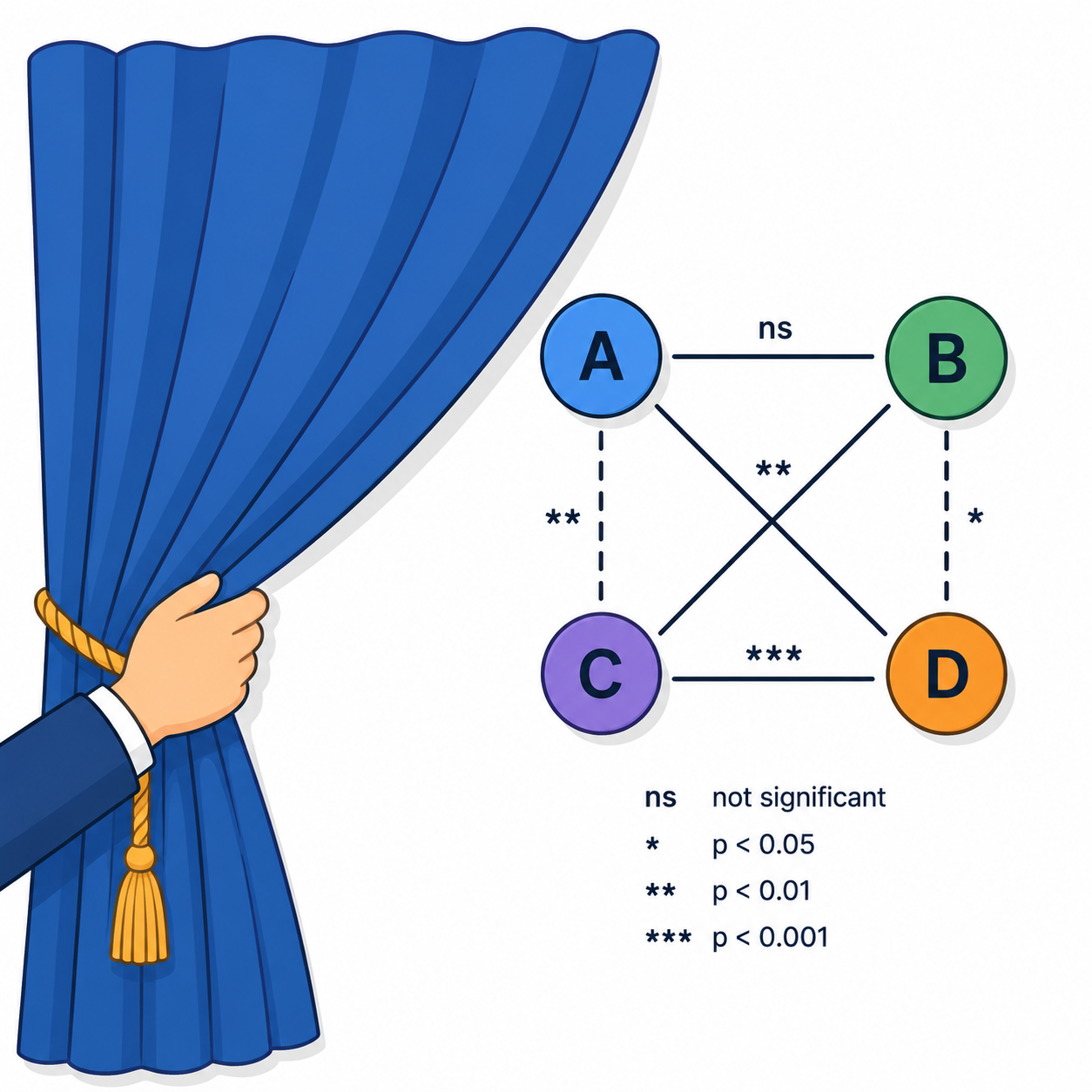 A blue theatre curtain is pulled back by a cartoon-style hand, revealing a network of four coloured circles labelled A, B, C, and D connected by lines representing pairwise comparisons. Some connections are marked with asterisks to indicate significant differences, while others are labelled as not significant. The illustration symbolizes how post-hoc tests reveal which specific groups differ after an ANOVA detects an overall effect.