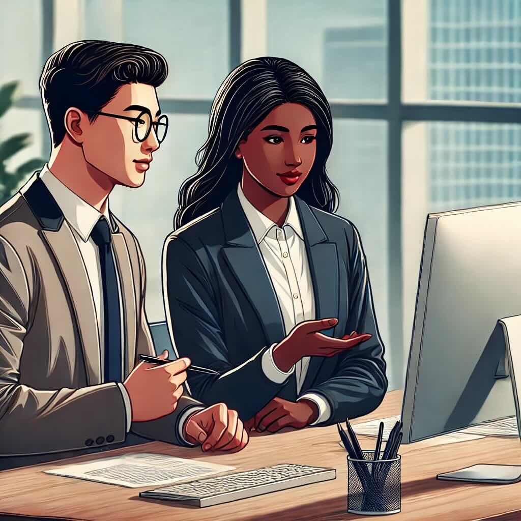 Two people reviewing code on a computer