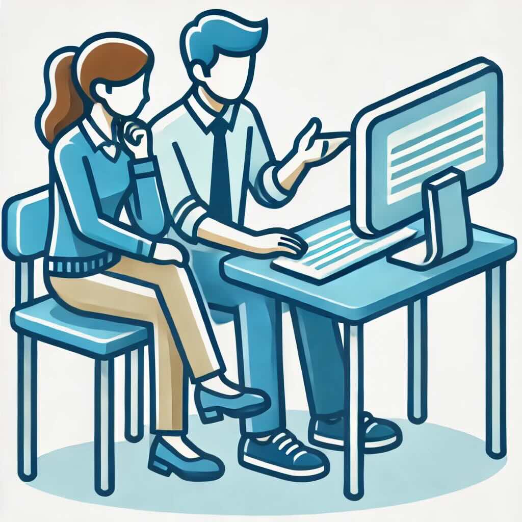 Two people collaborating over a computer