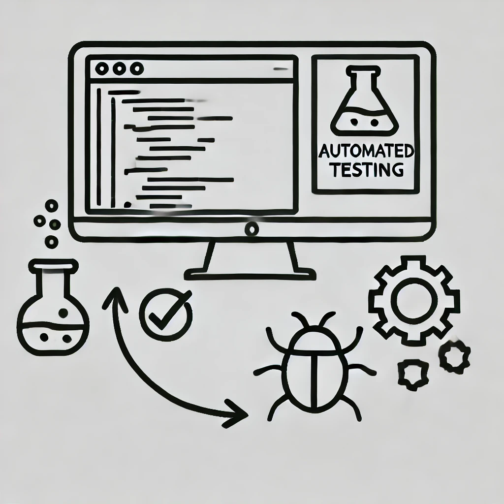 A computer with a screen showing the words "automated testing" surrounded by bugs and gears, representing automated testing.