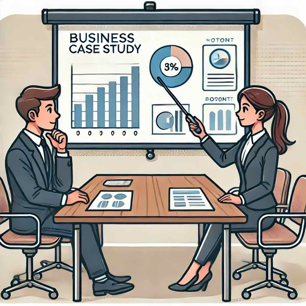 Two people in a meeting discussing a case study
