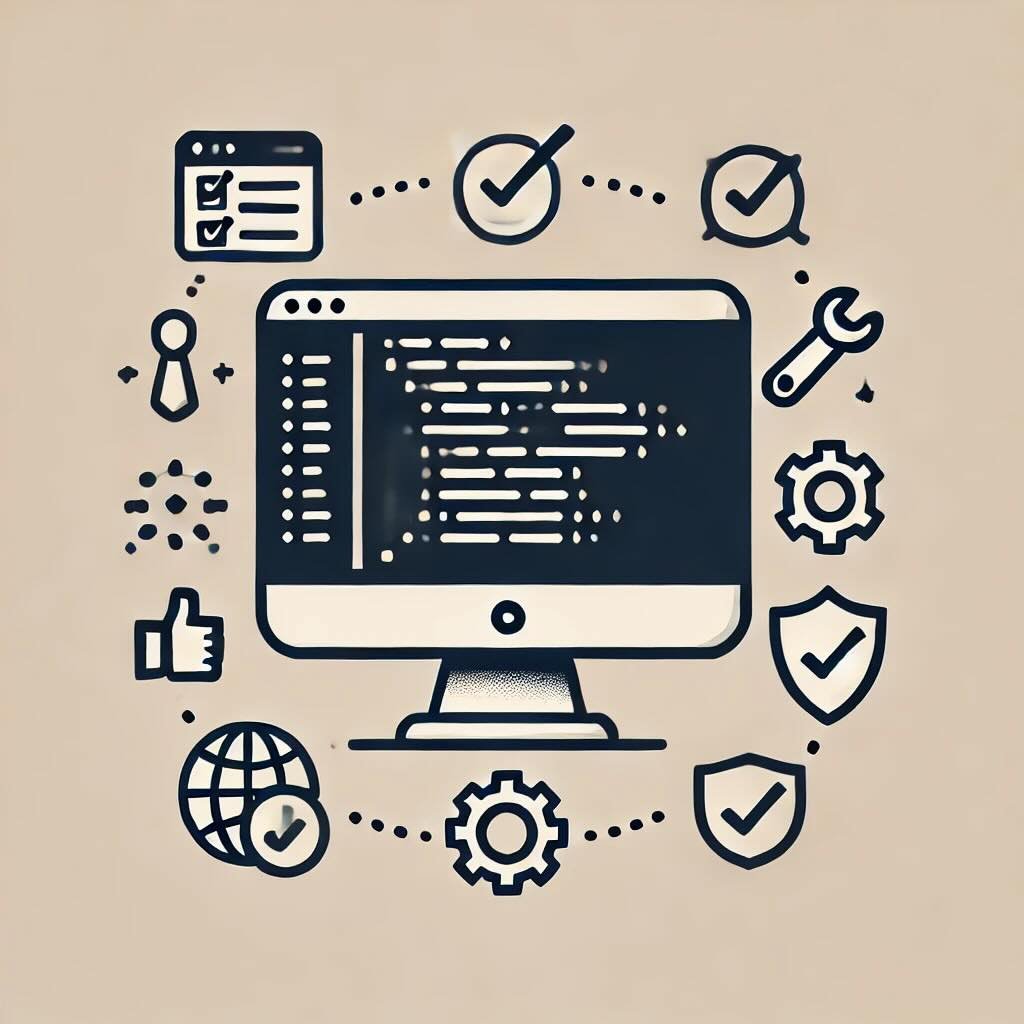 An picture of a computer surrounded by icons representing software engineering