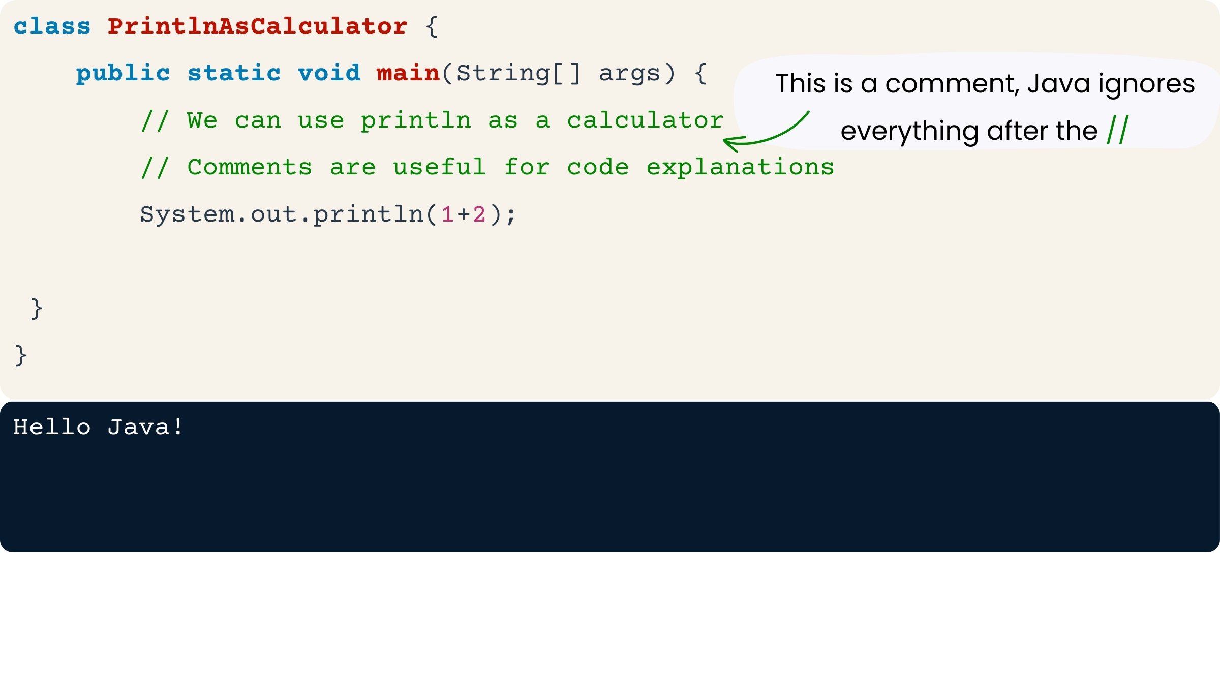 Java code with code comments starting with //