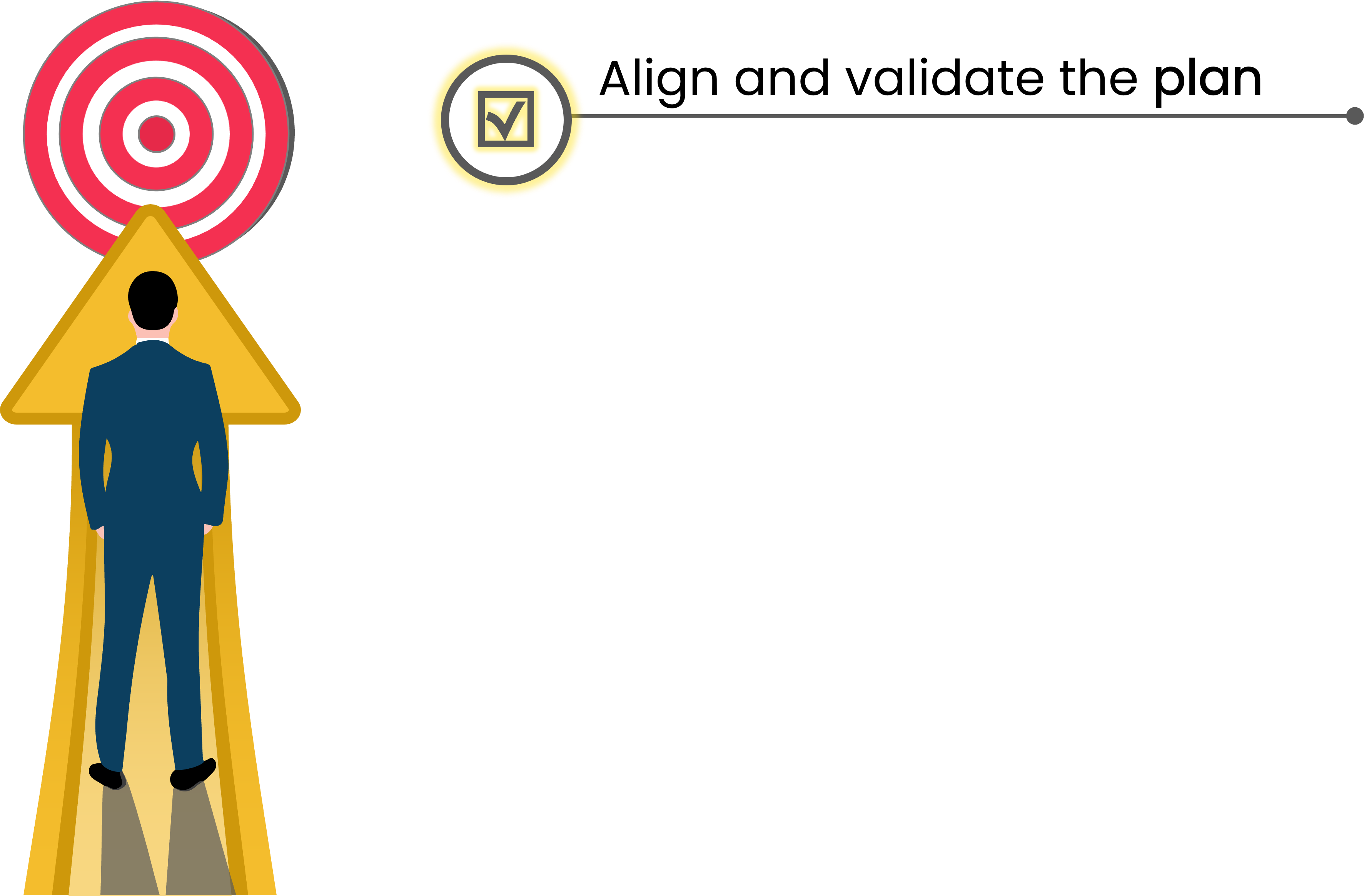 A man wearing a blue suit standing on a yellow arrow pointing to a target