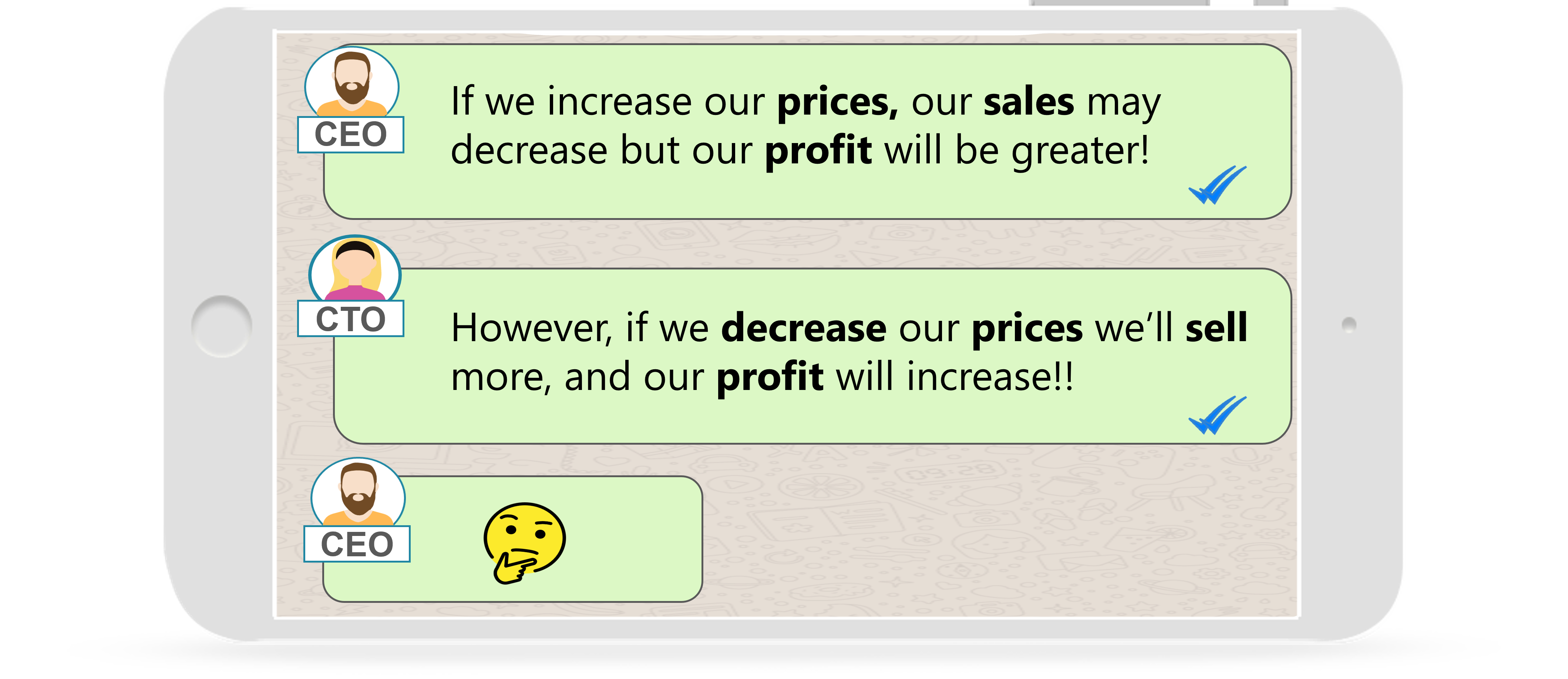 Illustration of a cell phone in horizontal position showing a chat message from the ceo