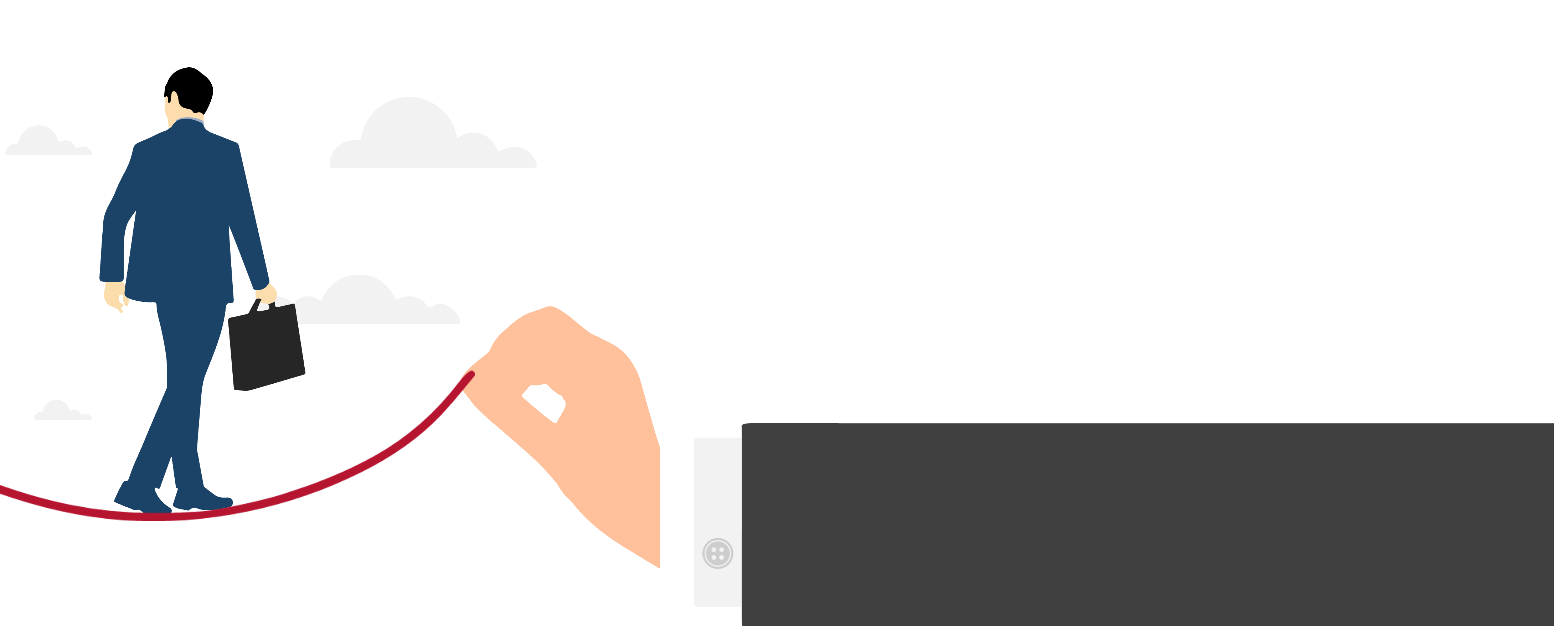 A person in a business suit walking on a tightrope while holding a briefcase. A hand is holding the tightrope. The background is minimal, with a few clouds.