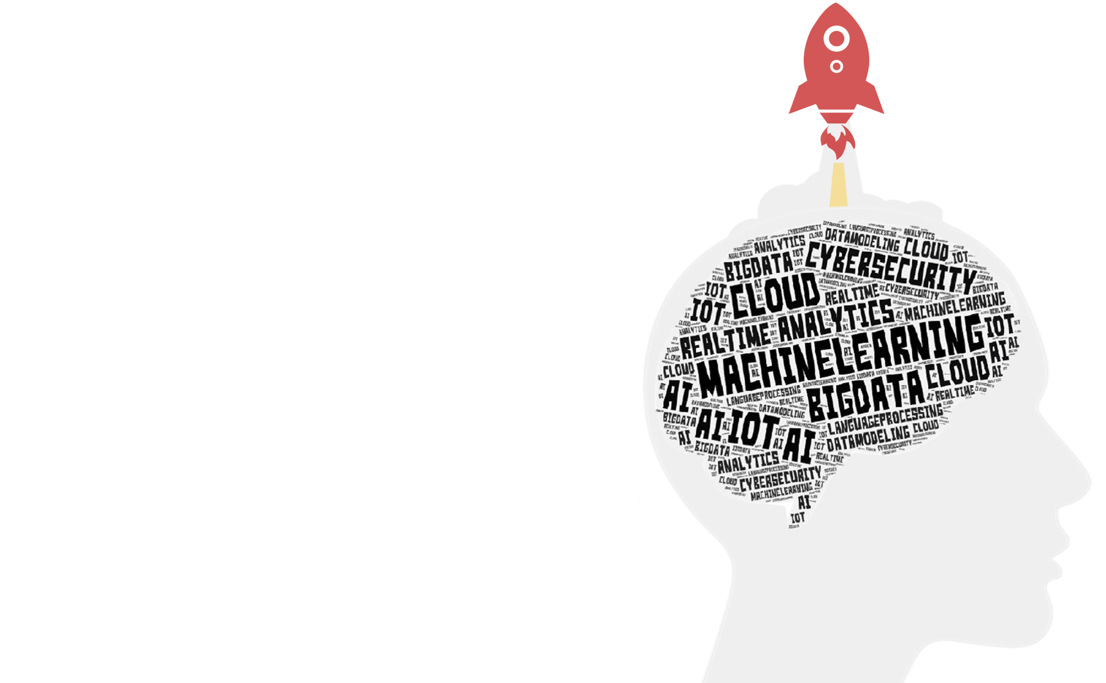 Image of a human head silhouette with a word cloud with technical terms as a brain and a red rocket being launched on top