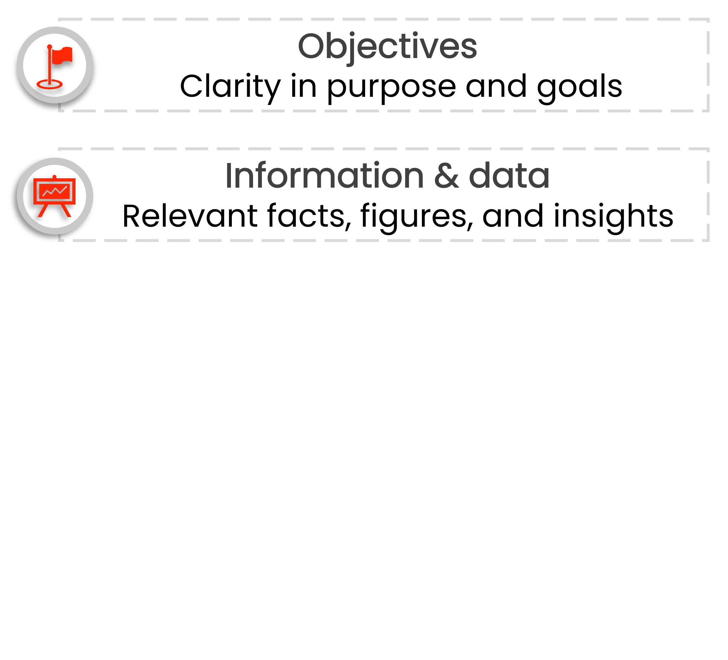 Icon of a red presentation board with a graph, followed by the text: 'Information & data - Relevant facts, figures, and insights.