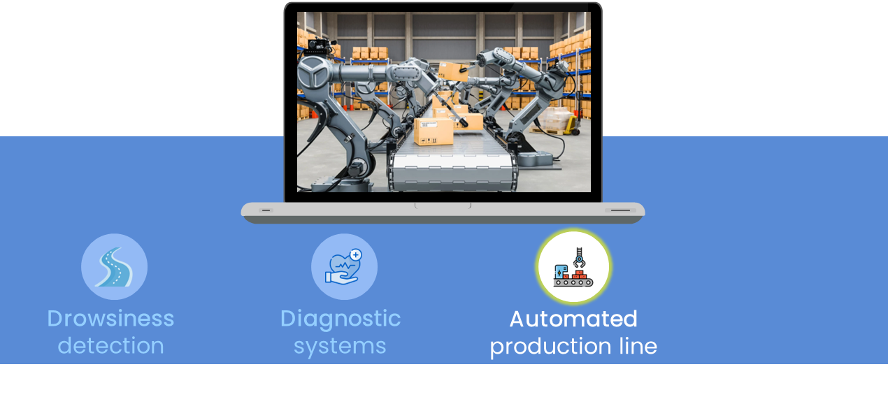 Image of a smart factory with robots with mechanical arms holding a box and the label automated production line highlighted in yellow