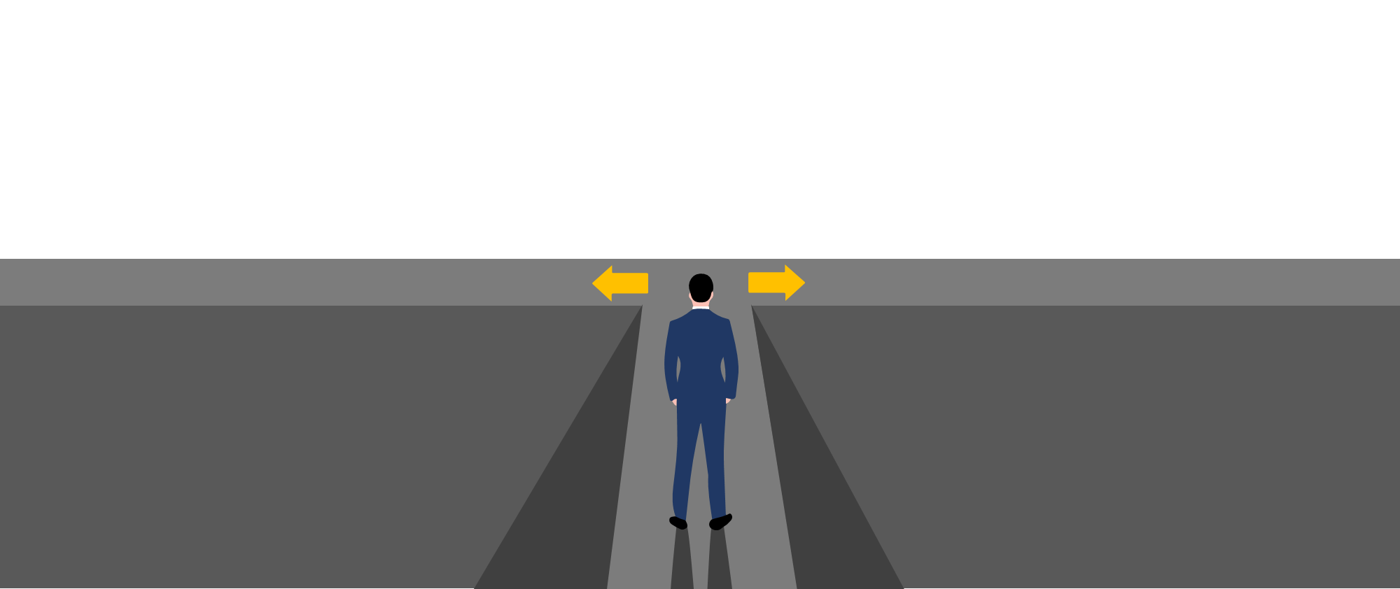 A person in a suit stands facing a split path with yellow arrows pointing left and right representing a decision-making process