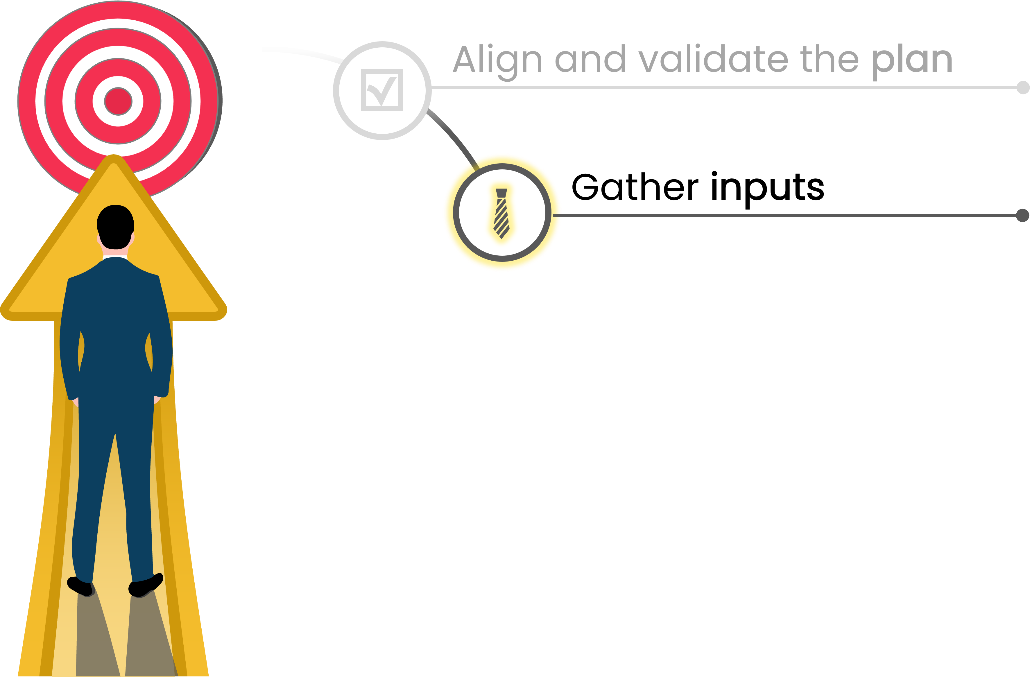 A man wearing a blue suit standing on a yellow arrow pointing to a target