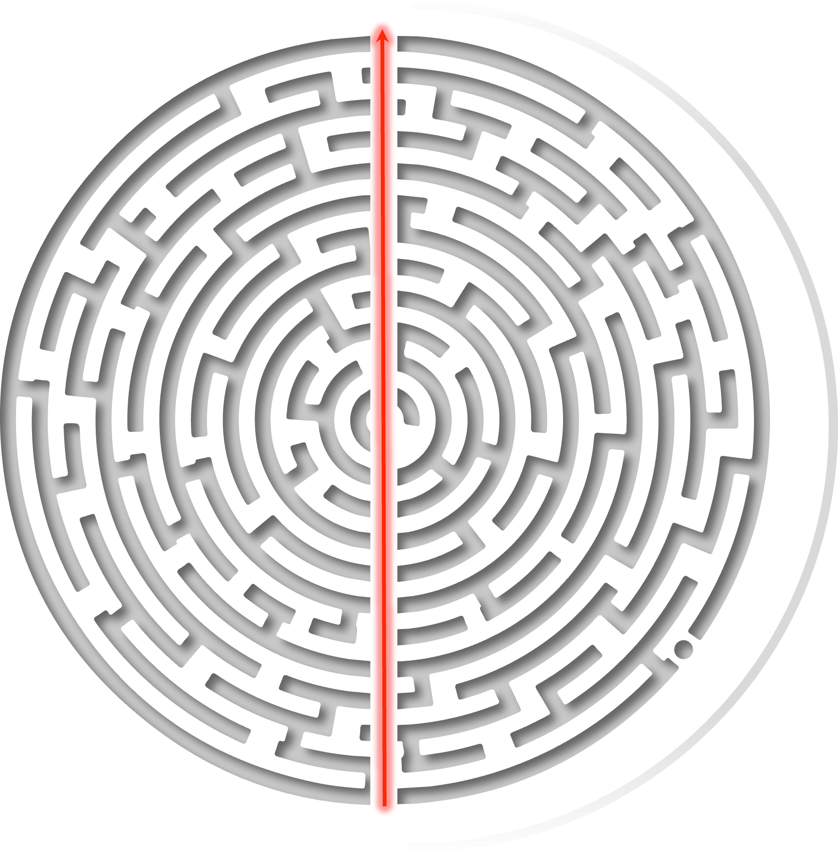 Round maze with a red line dividing it vertically in half.