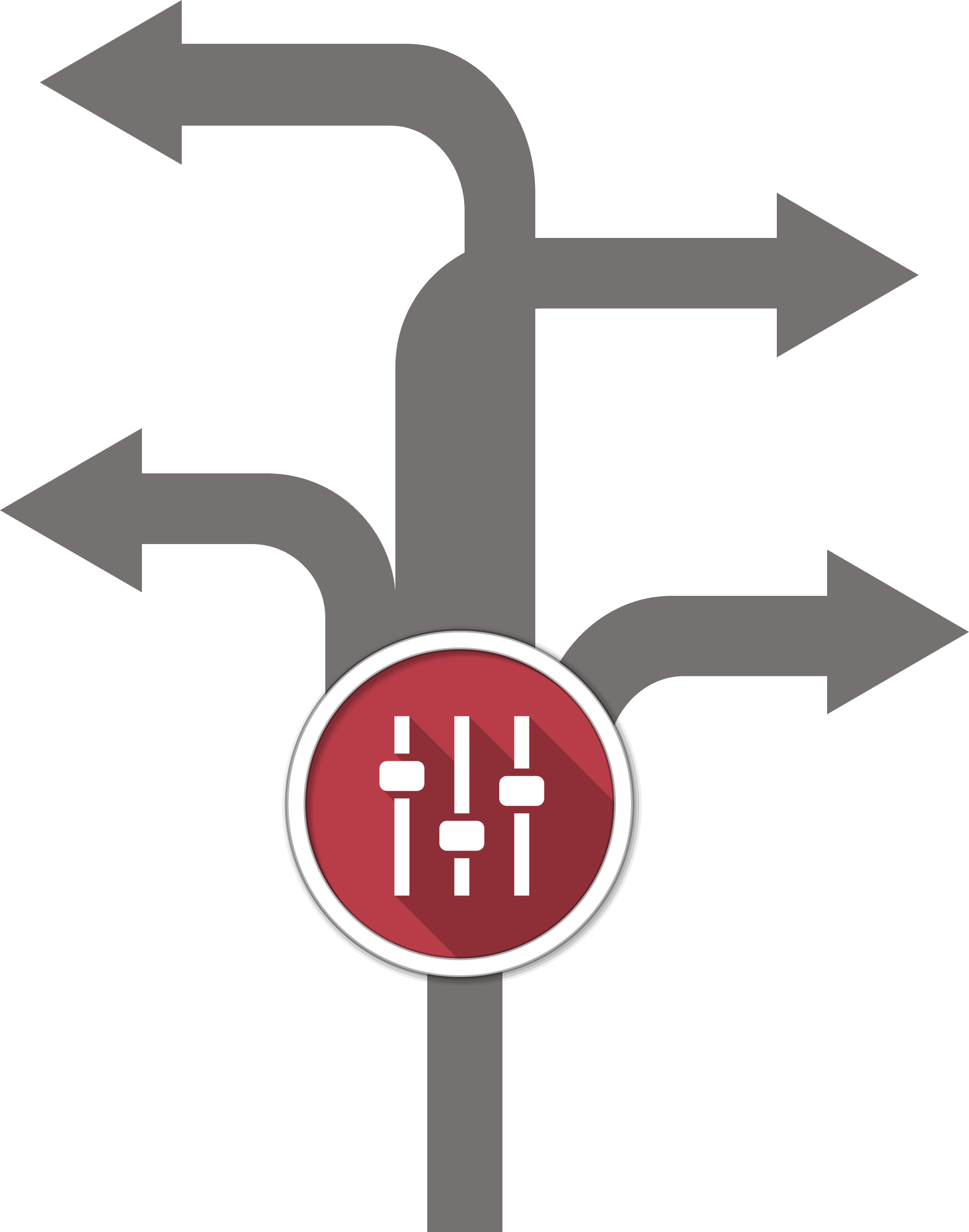 Four gray arrows with different sizes pointing randomly on top of a red circle with a level adjustment icon in it