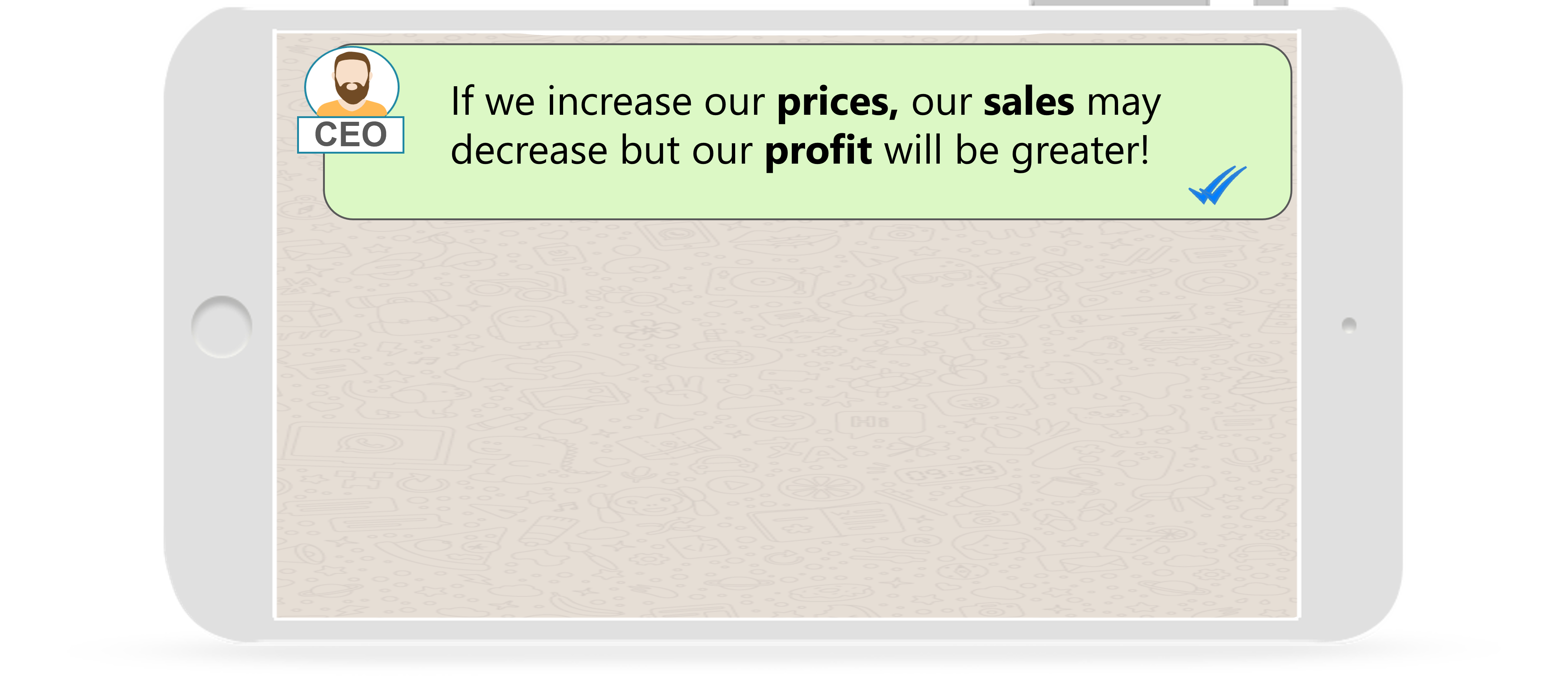 Illustration of a cell phone in horizontal position showing a chat message from the ceo