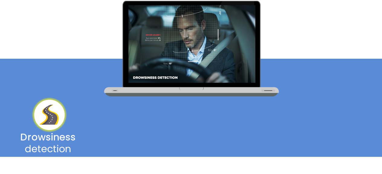 Image of a driver falling asleep and the label drowsiness detection highlighted in yellow