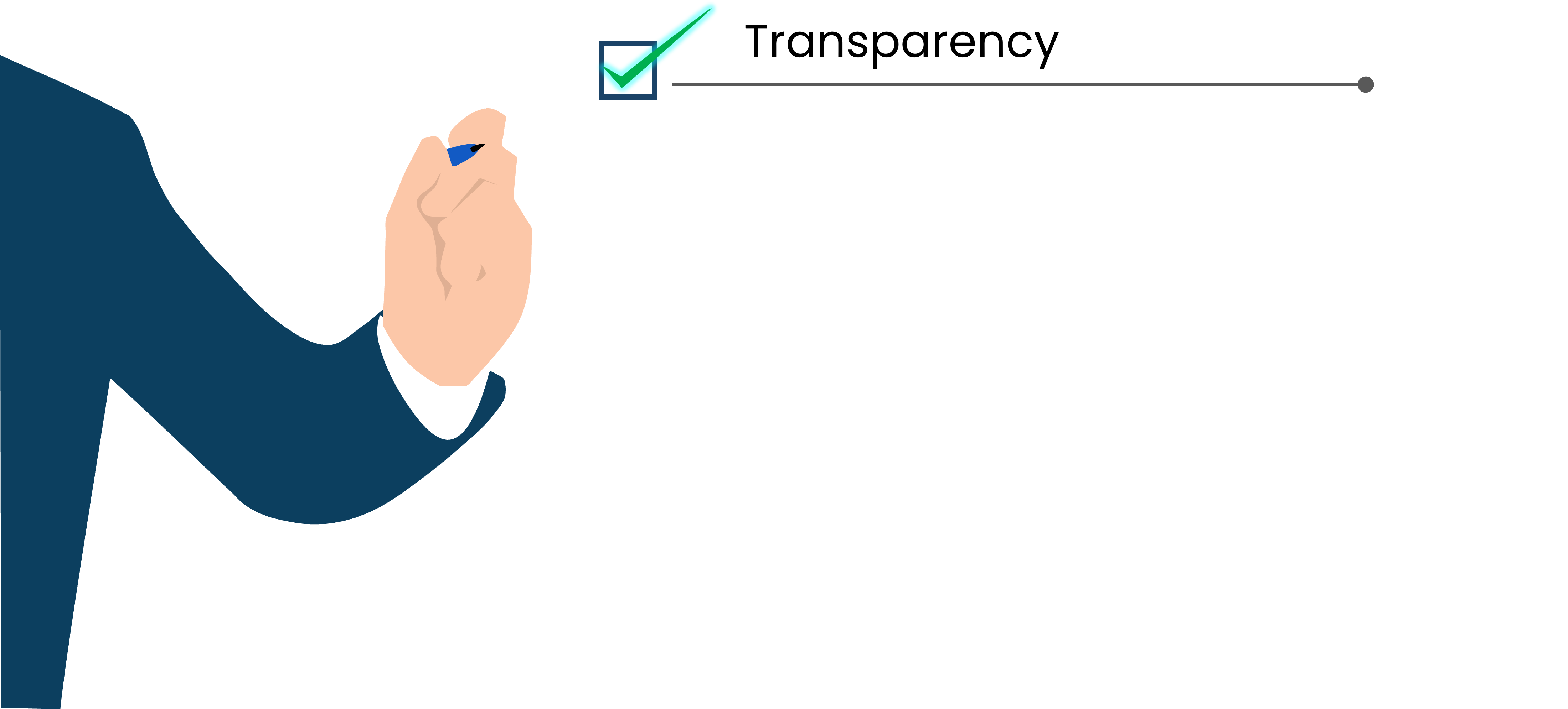 The side-view of a person wearing a business suit, holding a blue pen, preparing to write on a board
