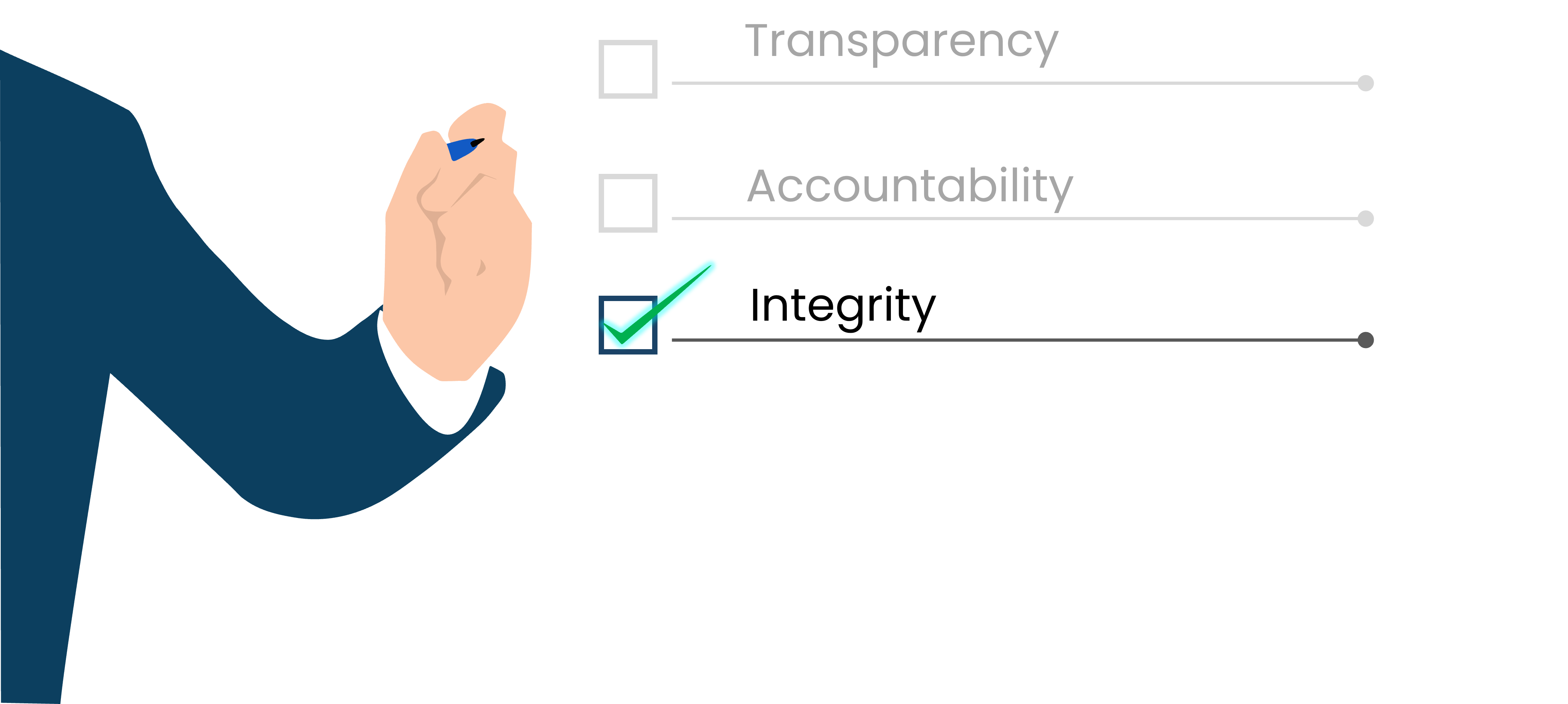 The side-view of a person wearing a business suit, holding a blue pen, preparing to write on a board