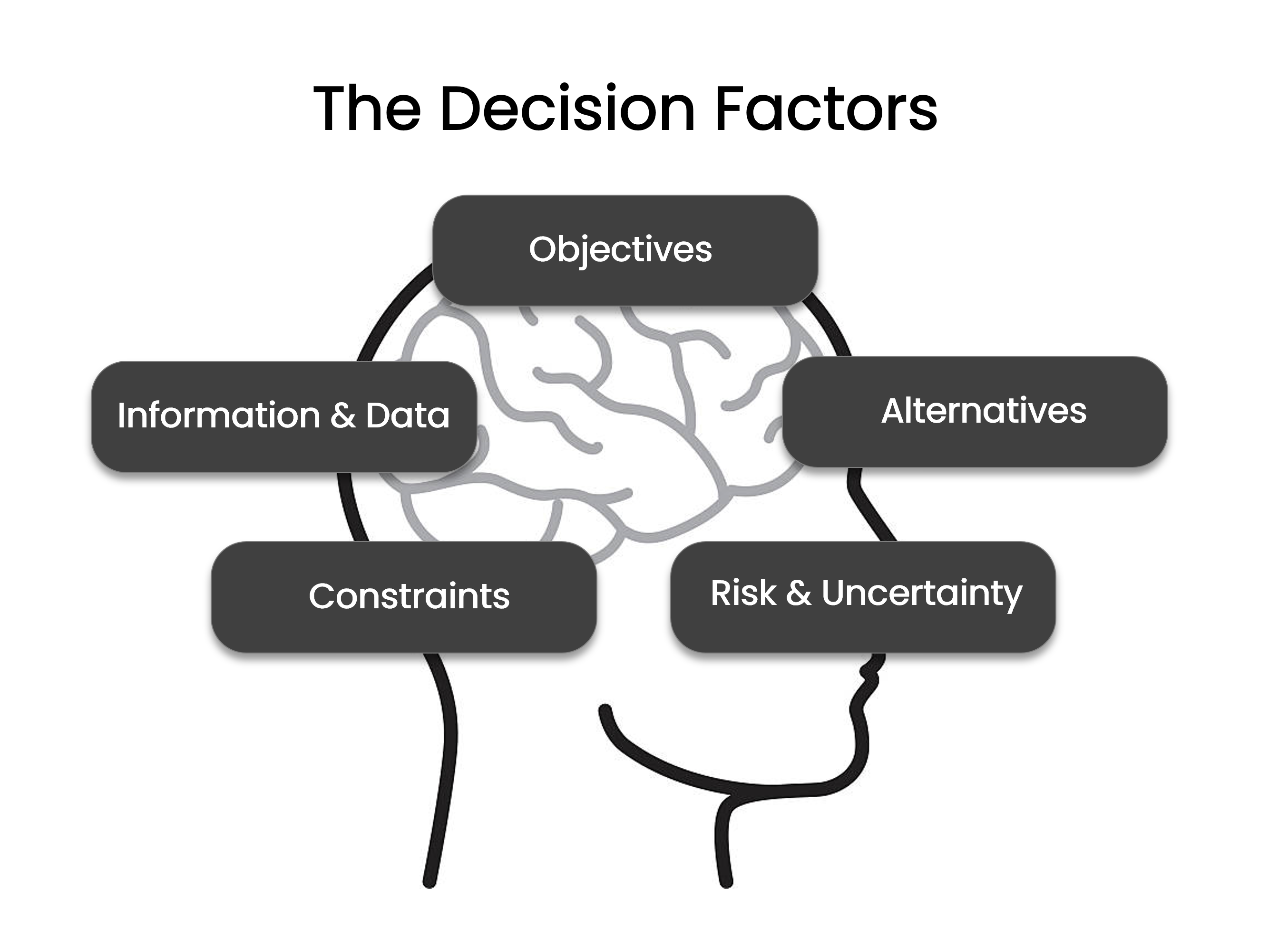 A diagram depicting a side profile of a human head with a brain outline inside. The decision factors Objectives, Alternatives, Risks & Uncertainty, Constraints and Information & Data.