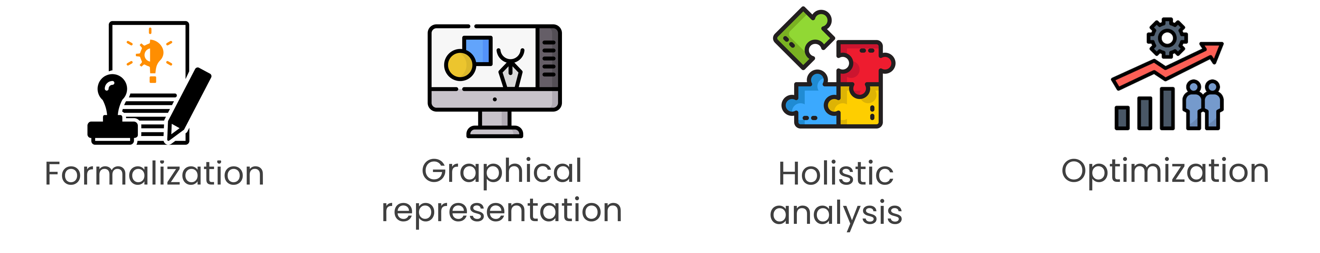 Icon representing optimization, featuring a red arrow pointing up and an increasing bar graph. The word "Optimization" is written below the icon
