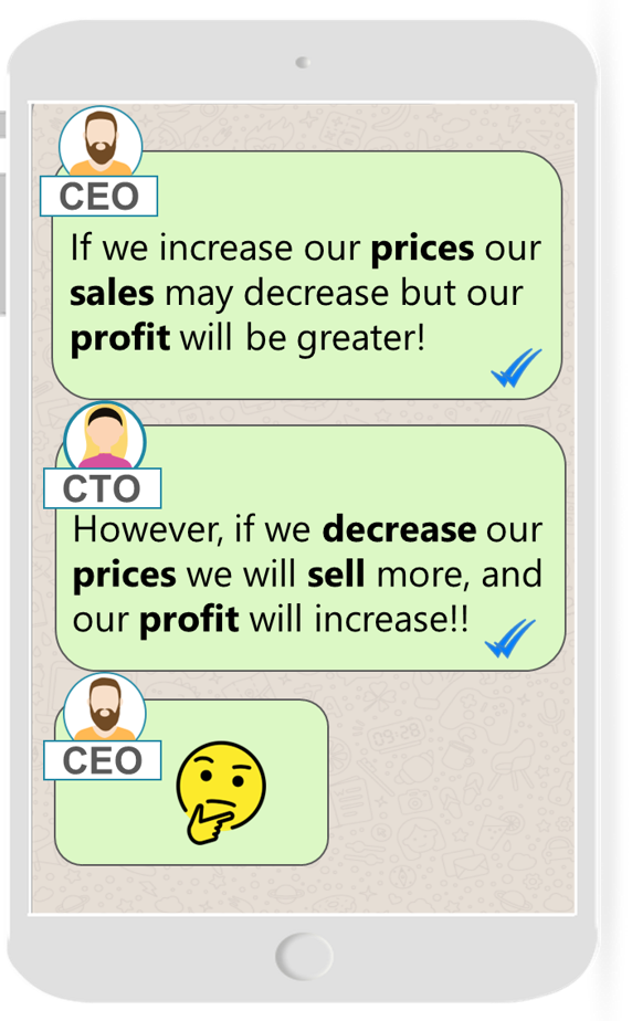 Illustration of a cell phone in vertical position showing a chat conversation between the ceo and the cto