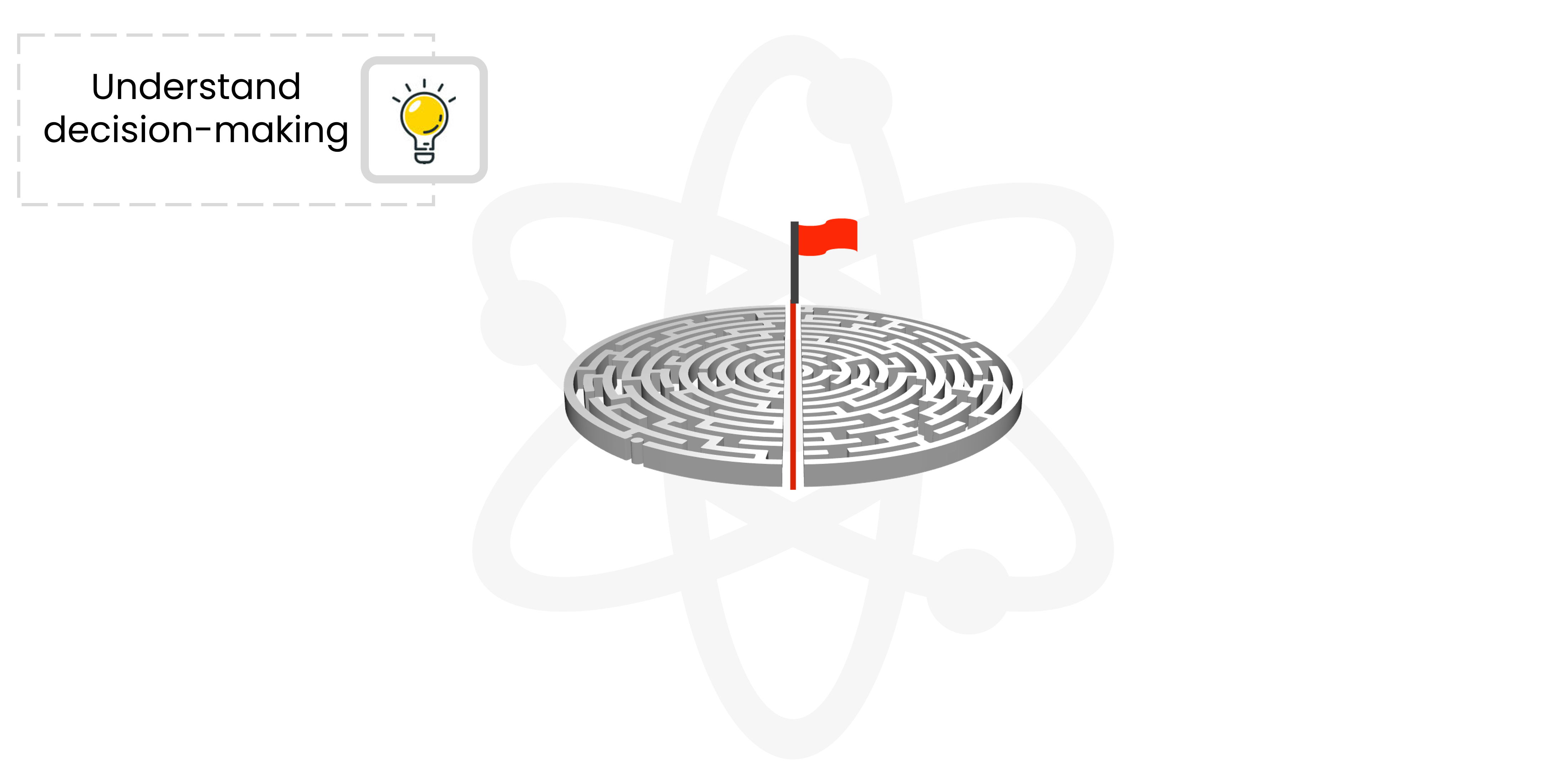 A circular maze with a red flag at the center and the text "Understand decision-making" with a light bulb icon on the left. The background has a faint atomic model outline.