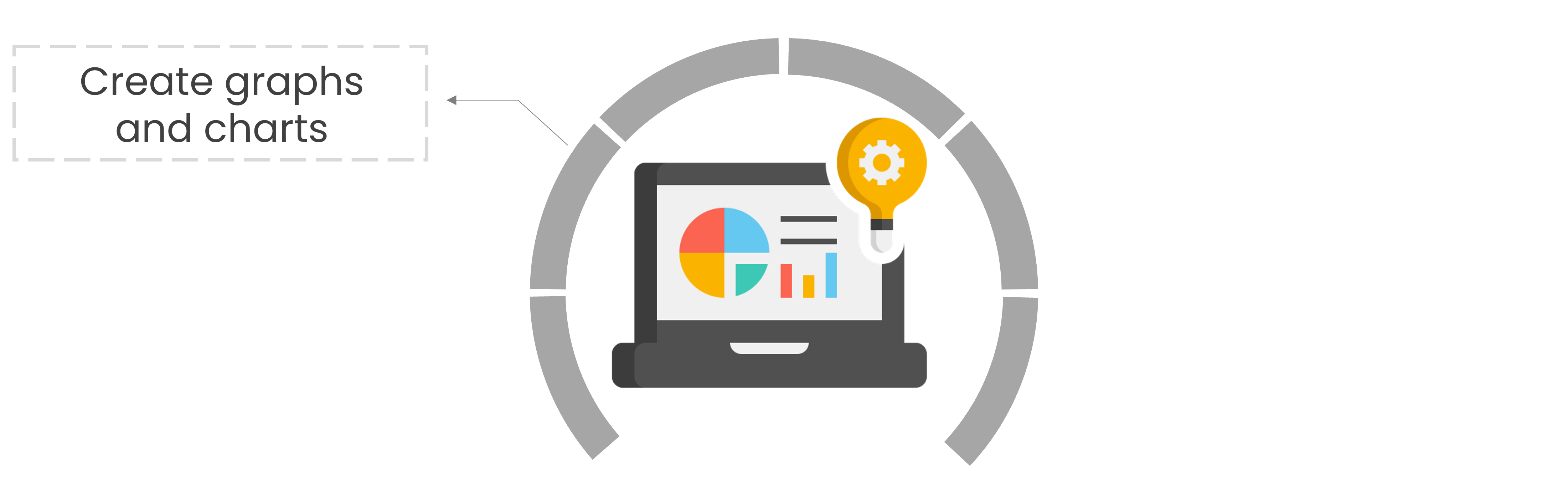 A notebook icon with graphs and dashboards on the screen and a yellow light bulb on the top right hand corner
