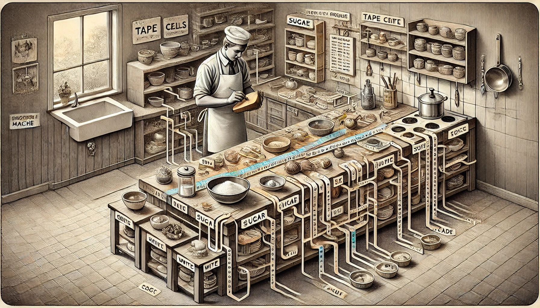 An illustration of a kitchen with a cooking making a recipe as an analogy of a Turing Machine