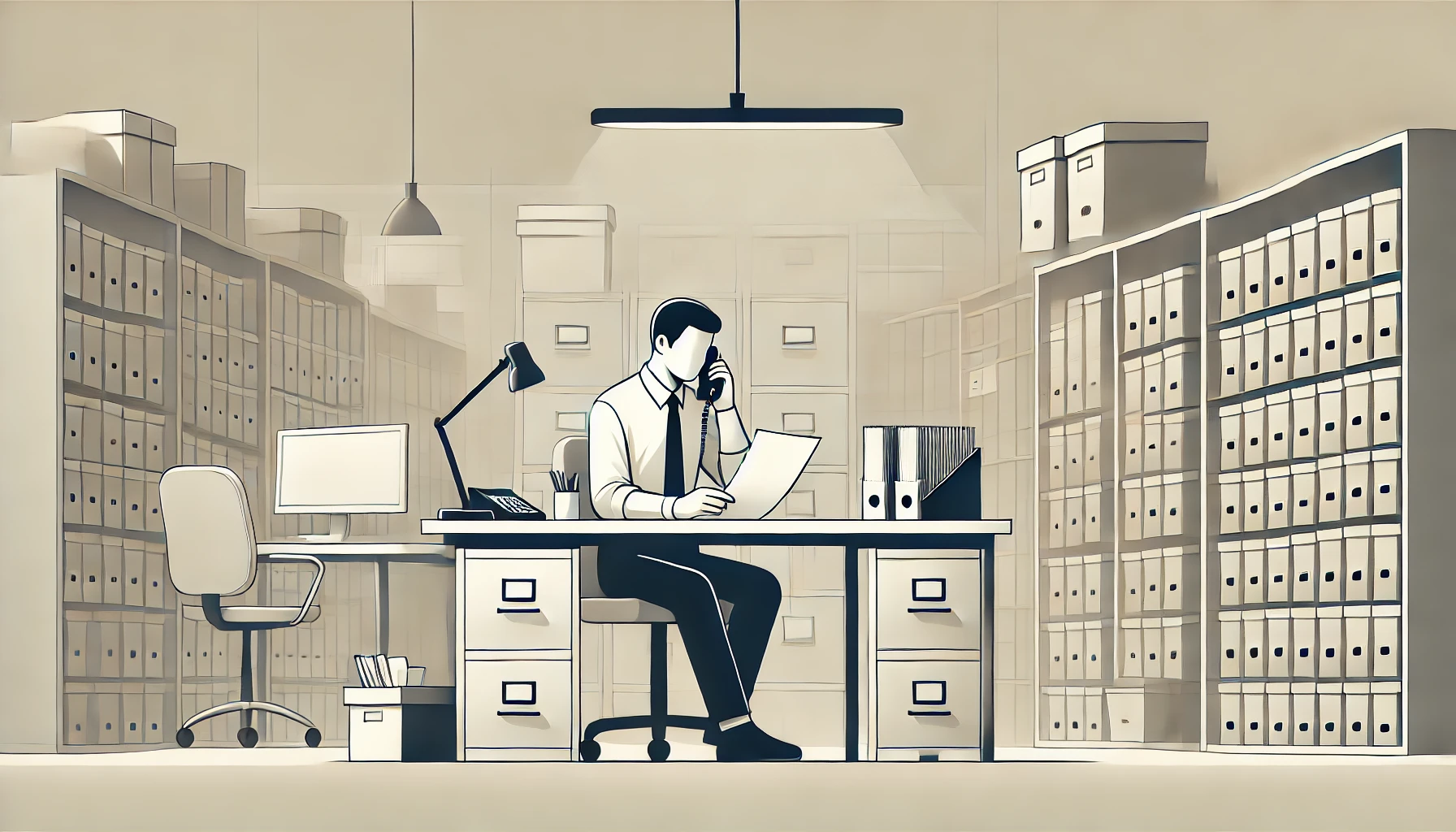 Illustration of a person at a desk in an office working as an analogy for components of a computer
