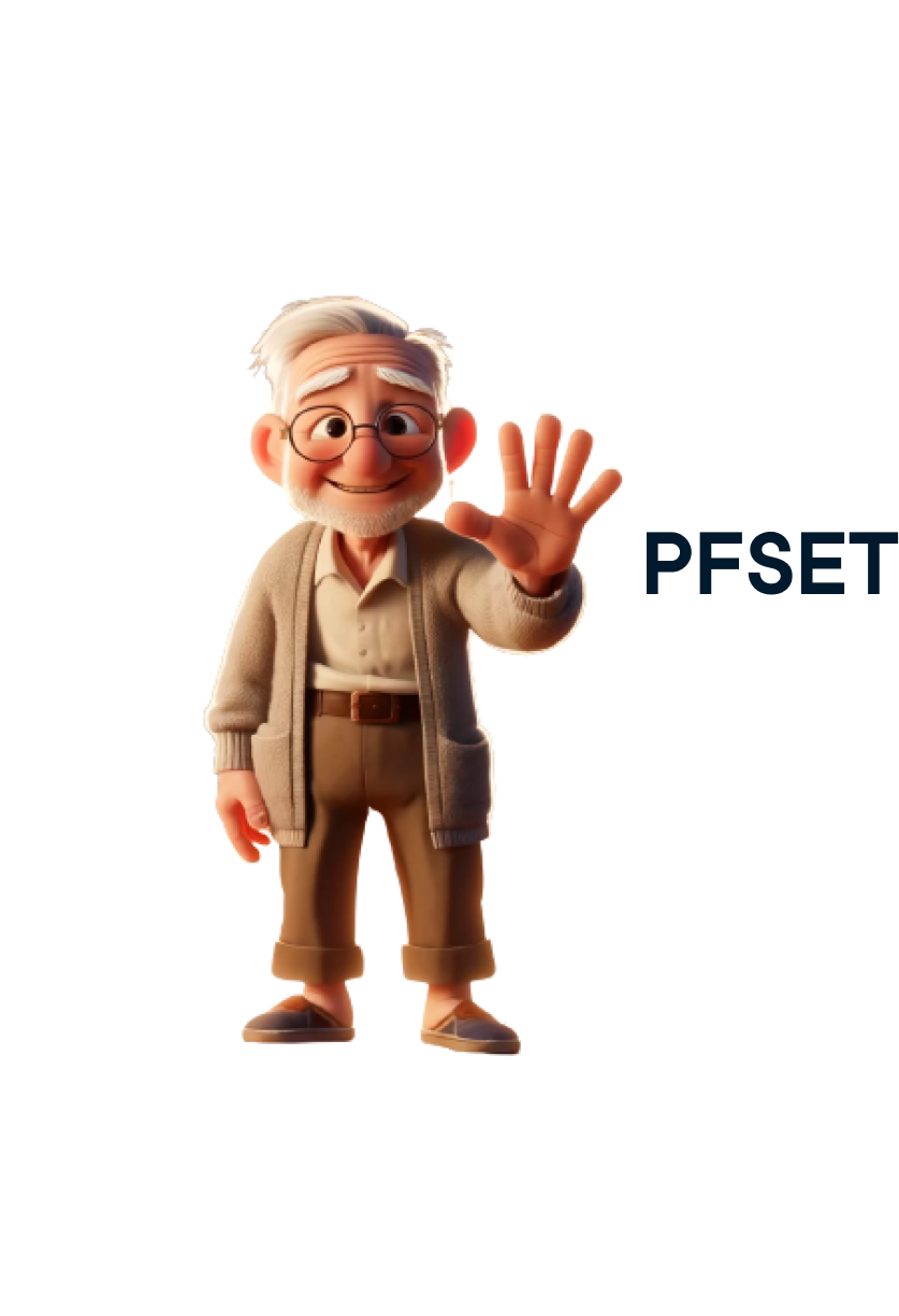 The image depicts an elderly cartoon man with white hair and glasses. Next to the character, the text "PFSET" is visible.