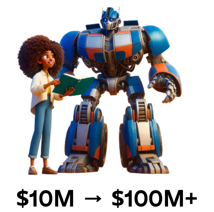 Illustration of a woman reading a book standing next to a large robot, both looking at the book