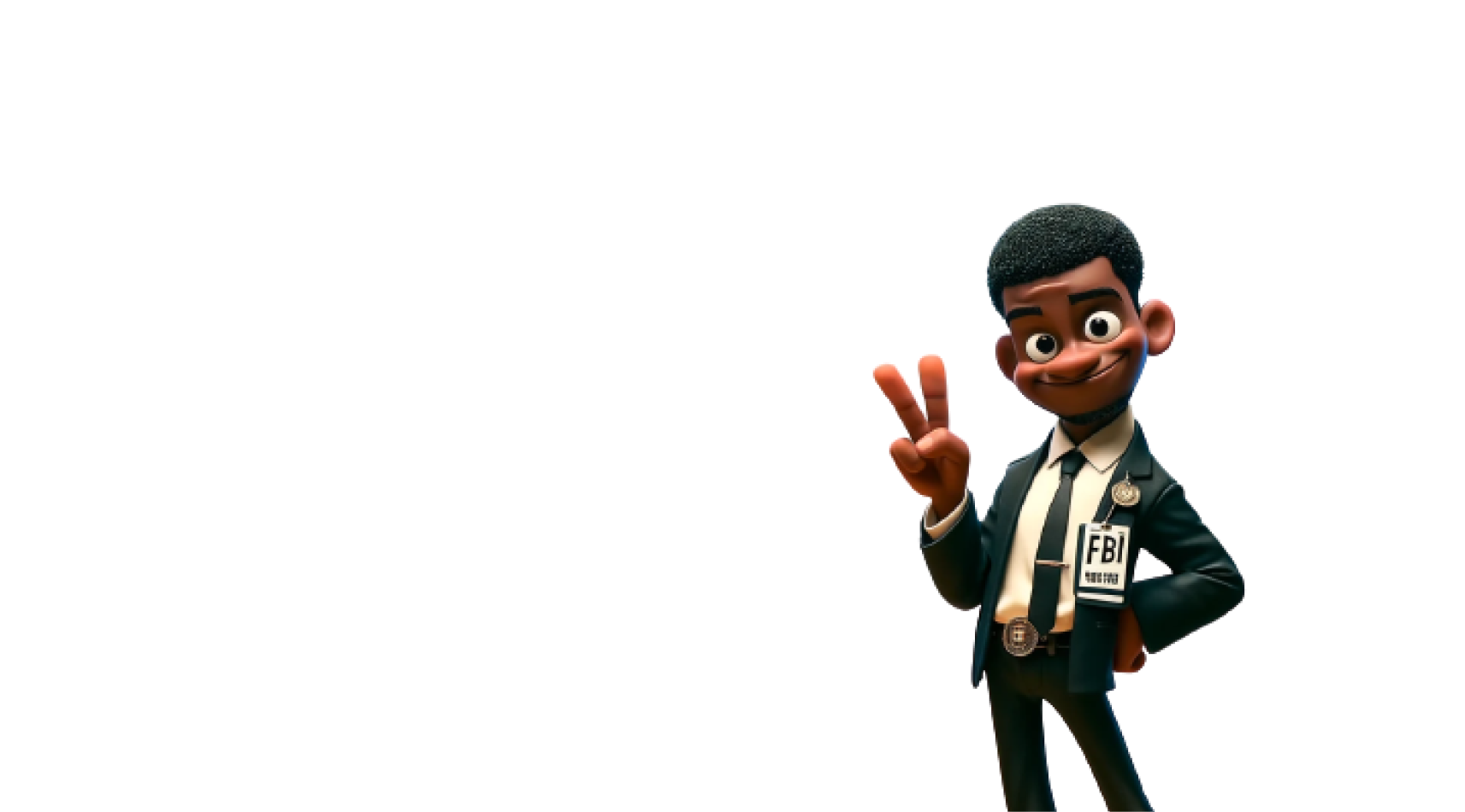 The image shows a cartoon FBI agent making a peace sign with his right hand