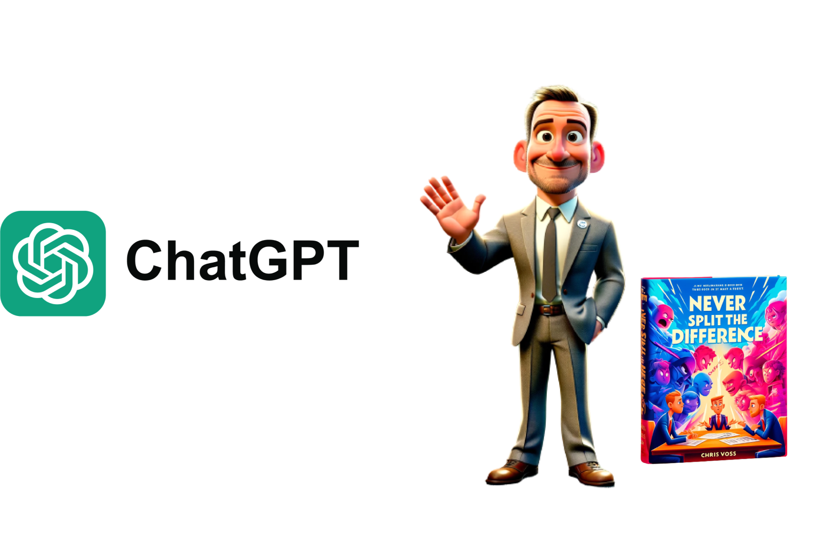 The image shows the ChatGPT logo, a cartoon man in a suit waving, and the book "Never Split the Difference."