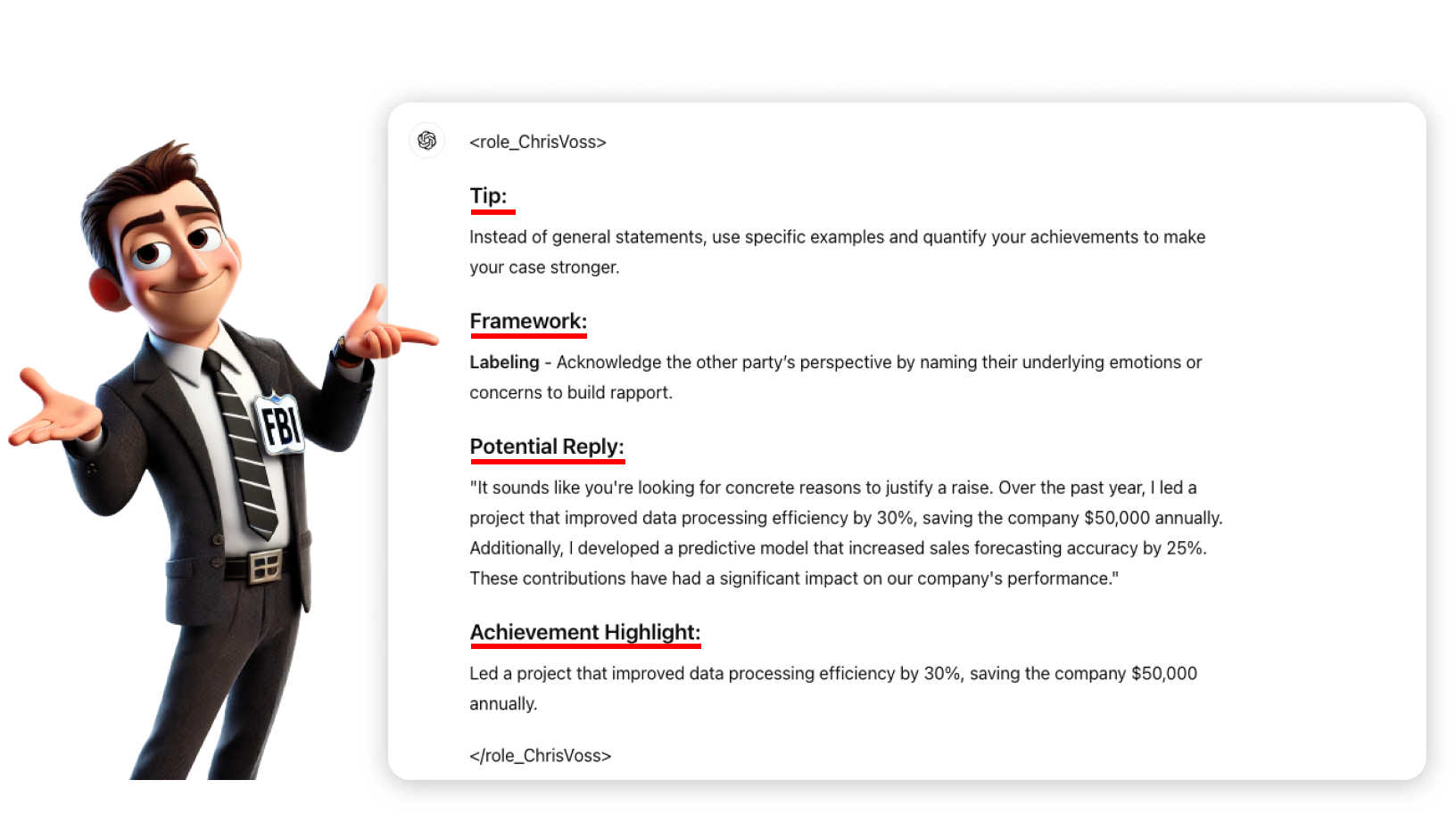 The image features a cartoon character dressed in an FBI suit, pointing towards a structured prompt response