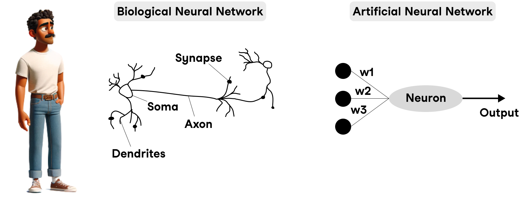 An illustration shows a man standing looking toward an oval shape, representing a neuron